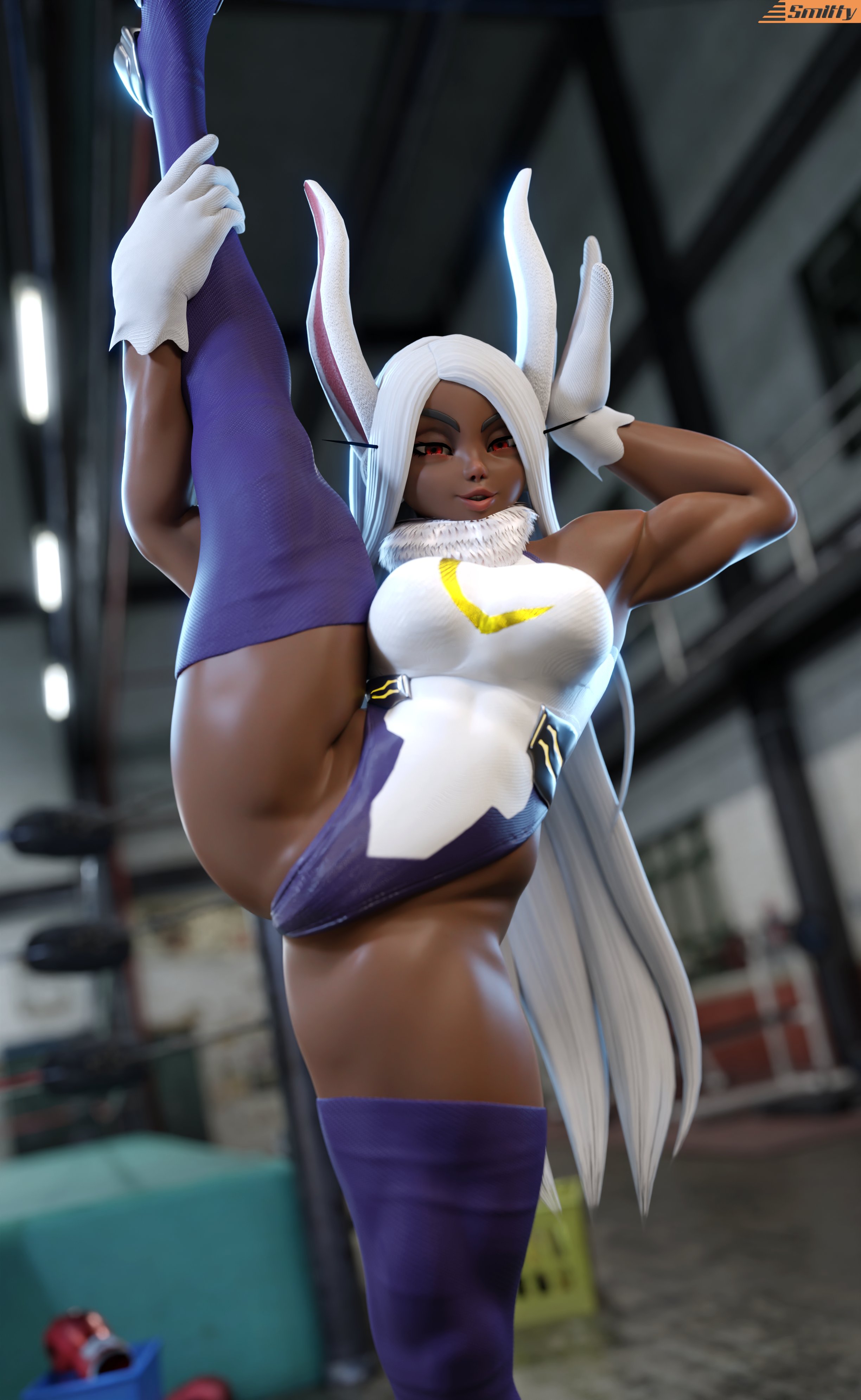 1girls, 3d, animal ears, big breasts, blurry background, breasts, busty, female, female only, gloves, hand gesture, hand on leg, humanoid, leg up, legwear, leotard, long ears, long hair, looking away, miruko, my hero academia, one leg up, rumi usagiyama, smitty34, solo, solo female, standing, standing split, thighhighs, white hair