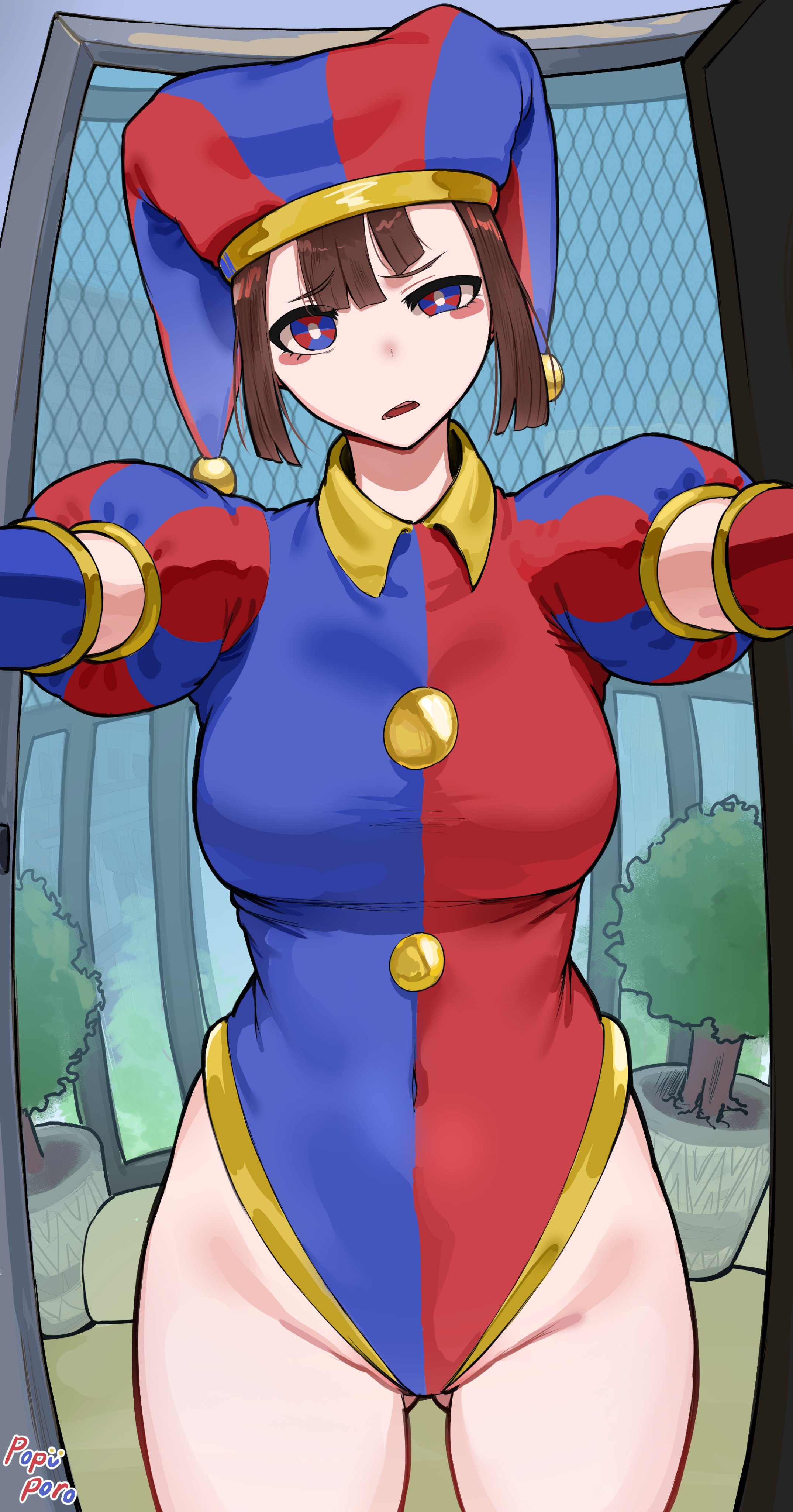 2023, 2d, 2d (artwork), 2d artwork, big breasts, big thighs, breasts, brown hair, confused look, female, glitch productions, gloves, gooseworx, jester, jester cap, jester costume, jester girl, jester hat, jester outfit, looking at viewer, pomni, pomni (the amazing digital circus), popiiporoo, short hair, the amazing digital circus, thick thighs, white body