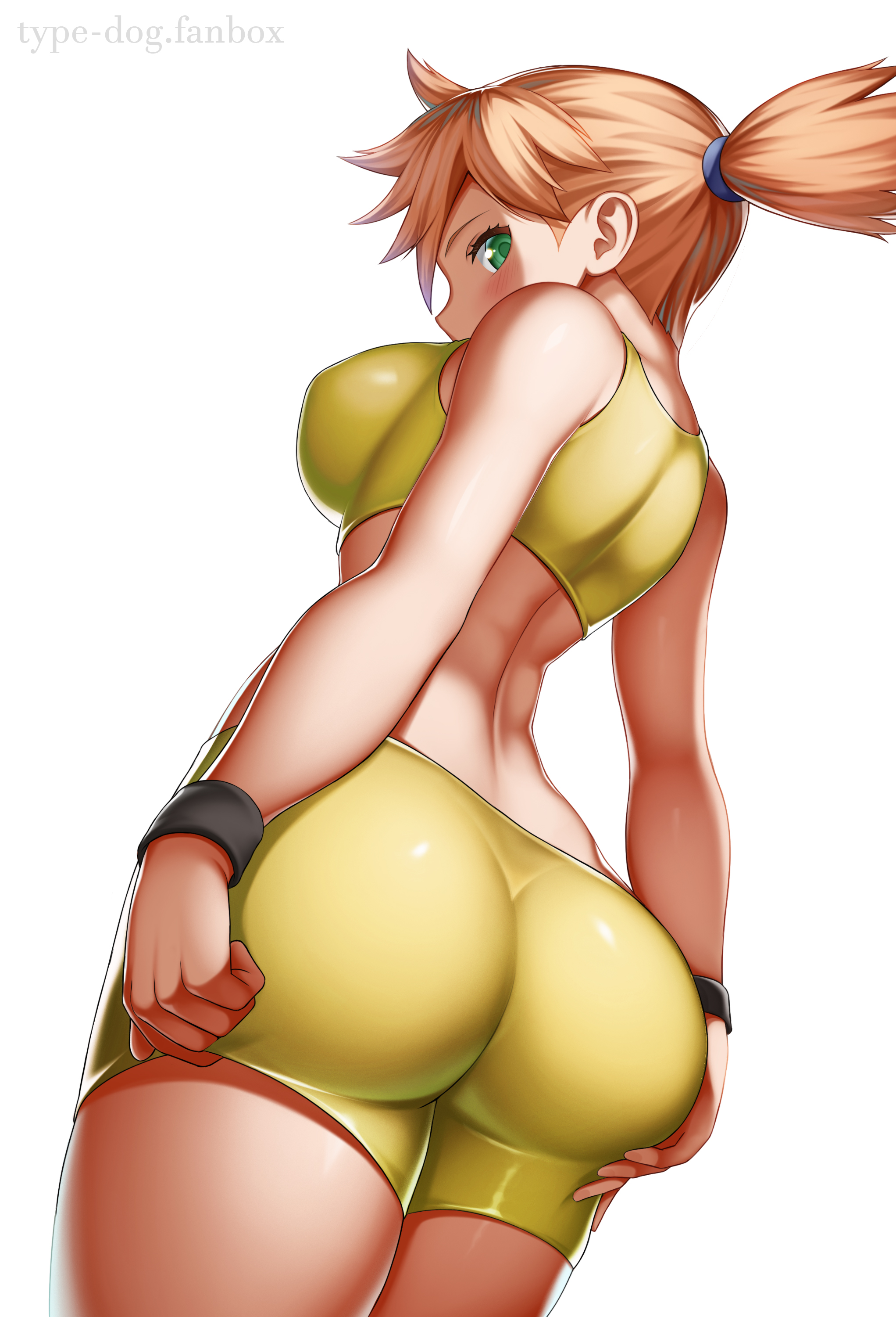 ass, bare shoulders, bike shorts, black wristband, blush, breasts, commentary request, creatures (company), eyelashes, female, from below, game freak, green eyes, kasumi (pokemon), large breasts, looking at viewer, looking back, looking down, nintendo, orange hair, pokemon, pokemon (game), pokemon frlg, ponytail, shiny clothes, short hair, side ponytail, solo, sports bra, type-dog, watermark, web address, wedgie, white background, wristband