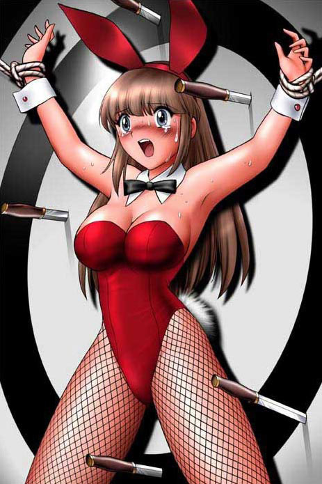 blush bondage bound breasts brown_hair bunnysuit damsel_in_distress danger female female_only femsub fishnets fully_clothed imminent_death long_hair original peril revealing_clothes scared shingyouji_tatsuya target target_practice