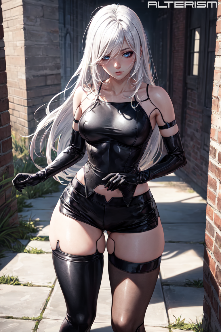 1girls ai_generated alterism android android_girl black_clothing blue_eyes city female_focus female_only gloves goddess_of_victory:_nikke light-skinned_female light_skin long_hair looking_at_viewer medium_breasts narrow_waist nier nier:_automata nier_(series) robot_humanoid ruins shorts skin_tight solo stable_diffusion standing thick_thighs white_hair yorha_a2