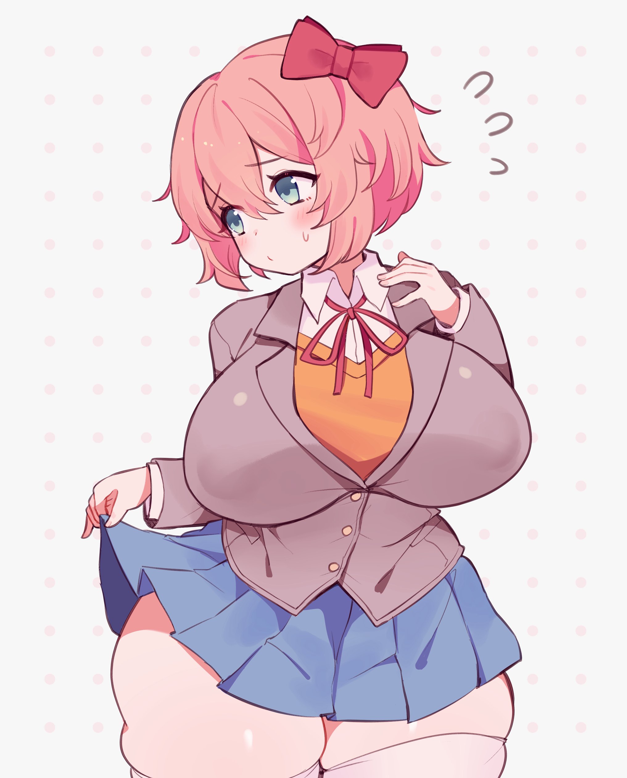 ass, big ass, big breasts, blush, breasts, clarevoir, clothed, doki doki literature club, female, female only, huge breasts, just sayori, nipples visible through clothing, no bra, sayori (doki doki literature club), school, schoolgirl, sideass, sweat