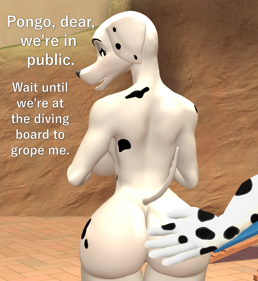 101_dalmatians 3d_(artwork) anthro anthrofied ass back_boob barely_visible_genitalia barely_visible_pussy big_butt breasts canid canine canis dalmatian dialogue digital_media_(artwork) disney domestic_dog english_text female genitals hand_on_butt husband_and_wife mammal married_couple mature_female nude papadragon69 perdita pongo pussy text