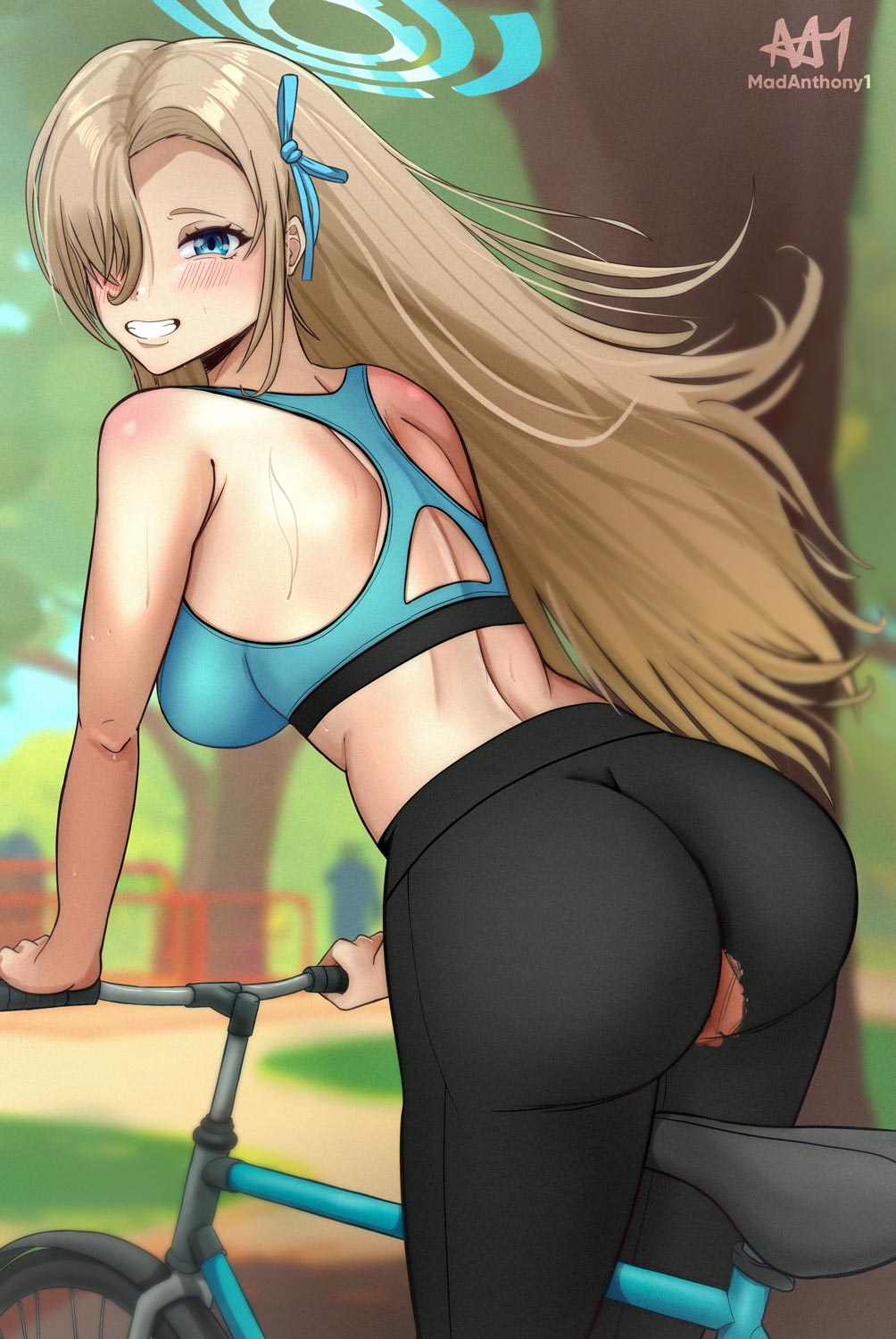 1girls asuna_(blue_archive) back back_view bicycle big_breasts blonde_hair blue_archive blue_eyes cleaning_&_clearing_(blue_archive) exhibitionism female female_only leggings long_hair looking_at_viewer madanthony1 millennium_science_school_student public public_nudity smile solo sports_bra torn_clothes wet