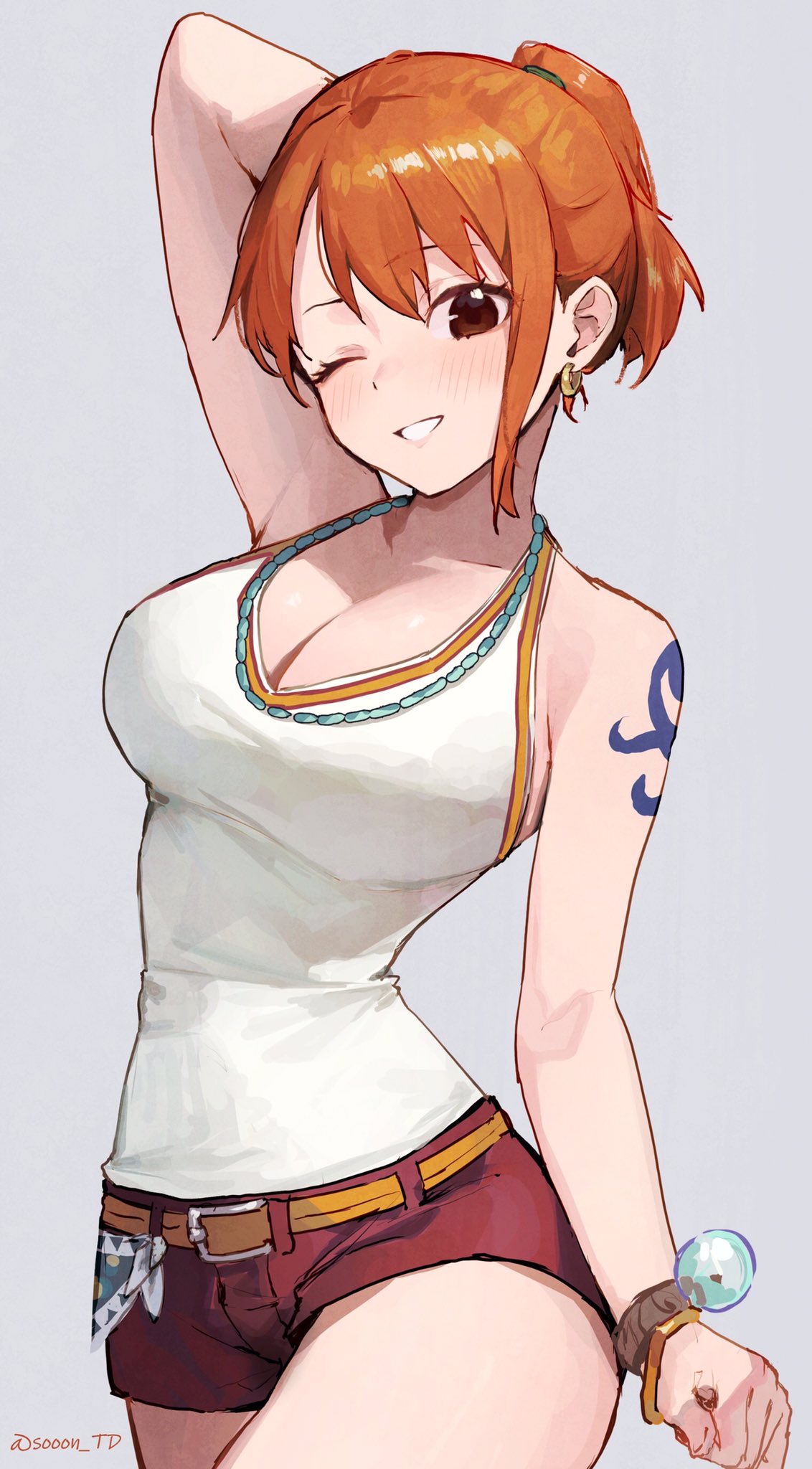 1girls, arm tattoo, arm up, big breasts, blue tattoo, blush, breasts, brown eyes, cleavage, cowboy shot, earrings, female, female only, fully clothed, nami (one piece), one eye closed, one piece, orange hair, orange-haired female, ponytail, pre-timeskip, short shorts, shorts, shoulder tattoo, shounen jump, smile, solo, sooon, tank top, tattoo, thriller bark, wink