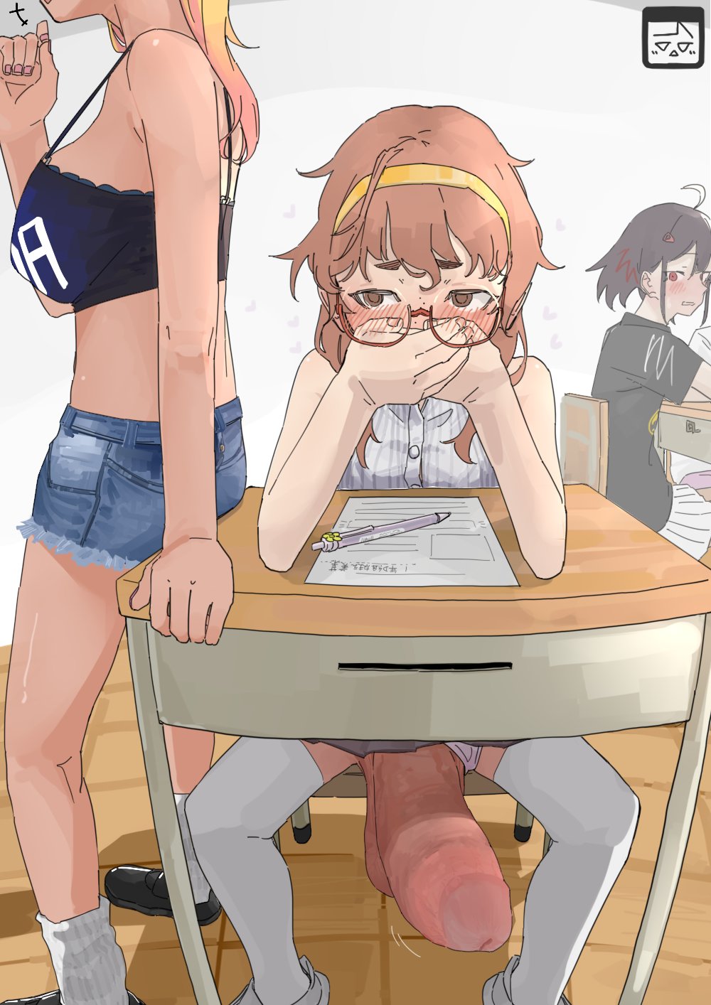 1futa 2girls accidental_erection accidental_exposure ahoge bare_arms black_hair black_shirt blush breasts brown_eyes brown_hair chair clothed clothing covering_mouth denim denim_shorts desk erection female fully_clothed futa_focus futanari glasses hairband hand_up hiding_erection highres huge_cock huge_testicles human indoors large_breasts light-skinned_female light-skinned_futanari light_skin looking_at_another mostly_clothed multiple_girls original paper pen penis school_chair school_desk semi-rimless_eyewear shirt short_sleeves shorts sitting sleeveless sleeveless_shirt socks solo_focus standing straysecond testicles thighhighs uncensored under_the_table white_shirt white_socks white_thighhighs yellow_hairband