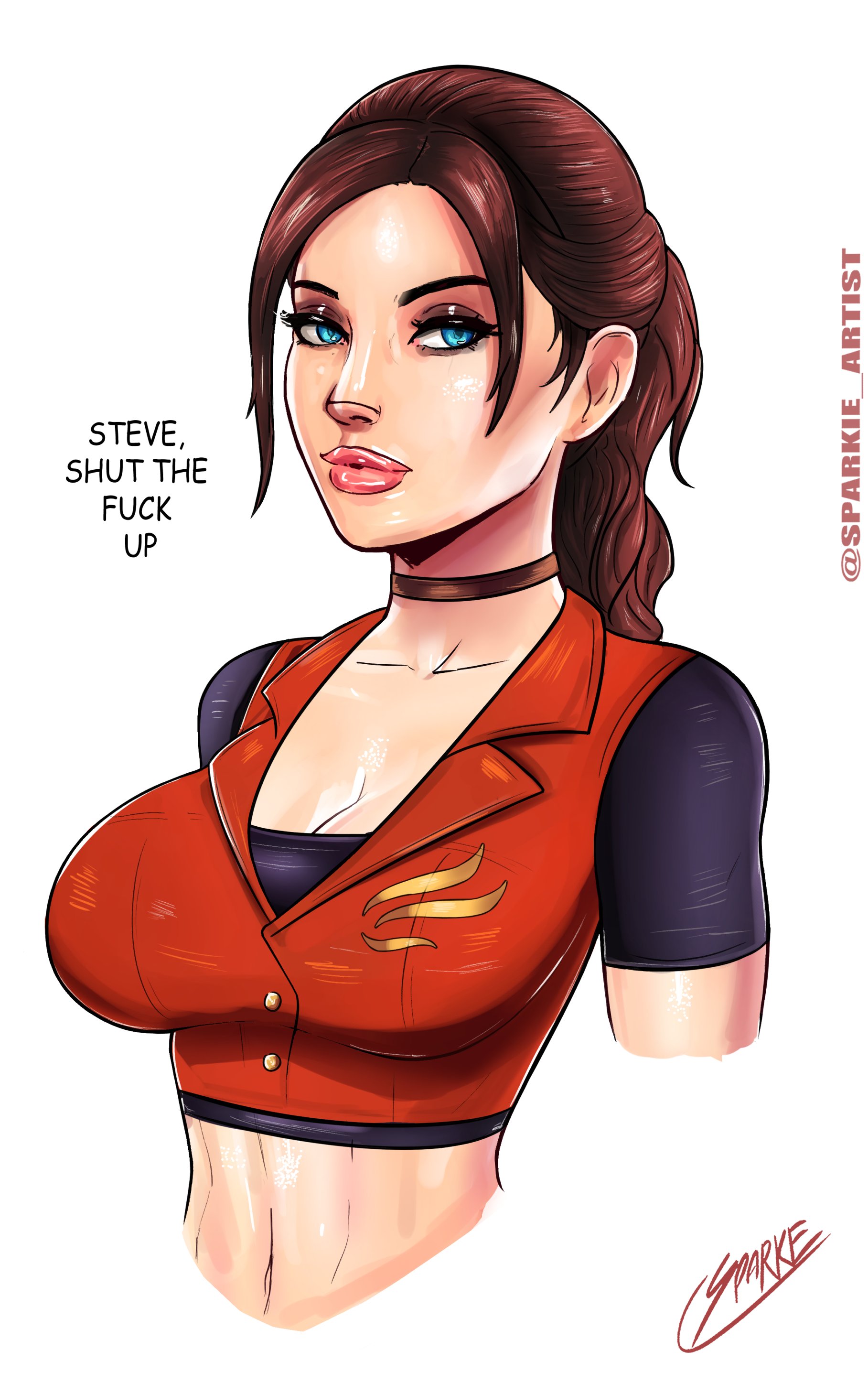 1girls, blue eyes, breasts, brown hair, busty, capcom, choker, claire redfield, cleavage, eyeshadow, female, female focus, female only, fully clothed, hourglass figure, lipstick, long hair, makeup, ponytail, resident evil, resident evil code veronica, sparkietheartist, tagme