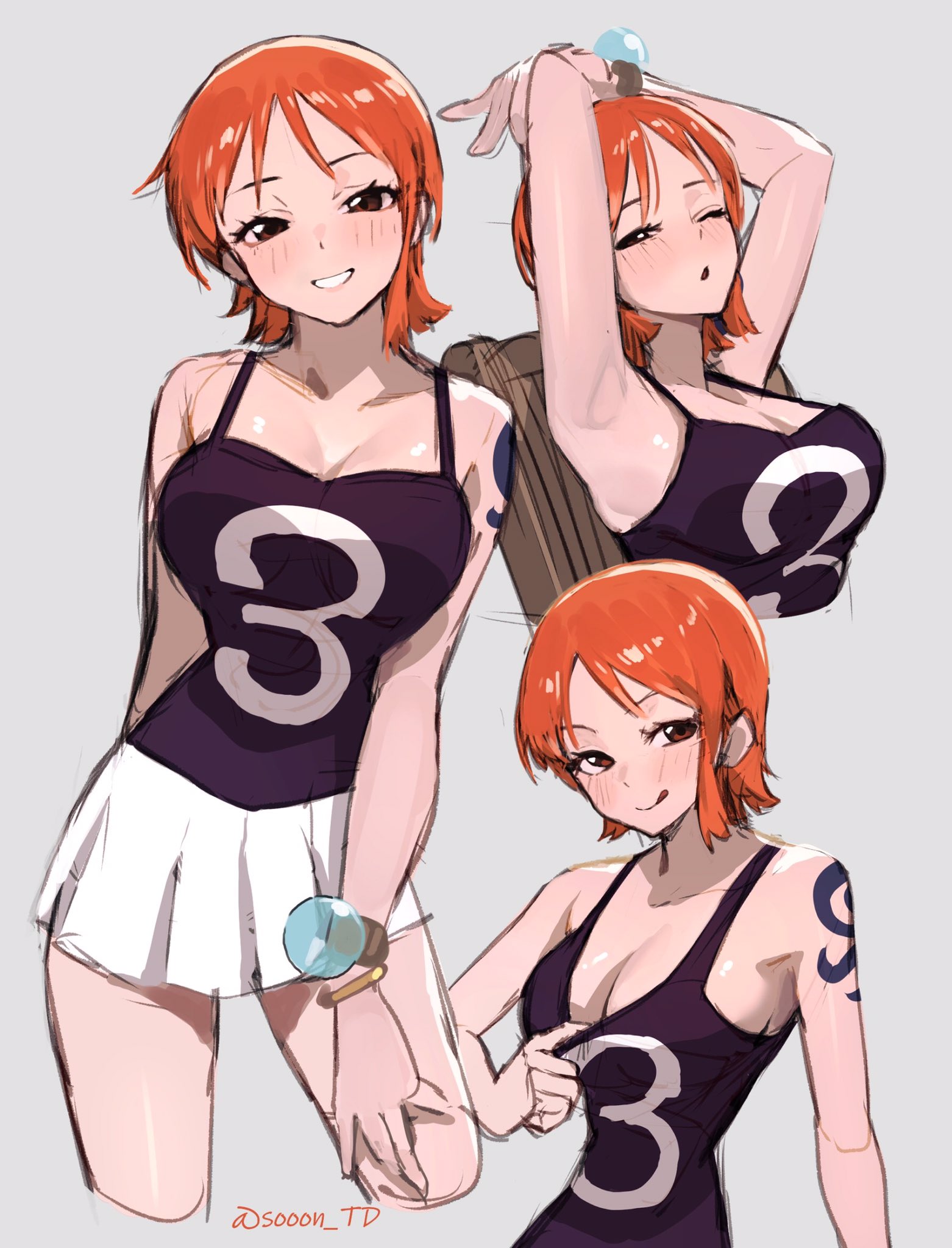 1girls, arm tattoo, armpits, arms up, big breasts, blue tattoo, bracelet, breasts, brown eyes, cleavage, female, female only, log pose, looking at viewer, nami (one piece), official alternate costume, one piece, orange hair, orange-haired female, pleated skirt, pre-timeskip, short hair, shoulder tattoo, shounen jump, smile, solo, sooon, tank top, tattoo, teasing, tongue, tongue out, water 7