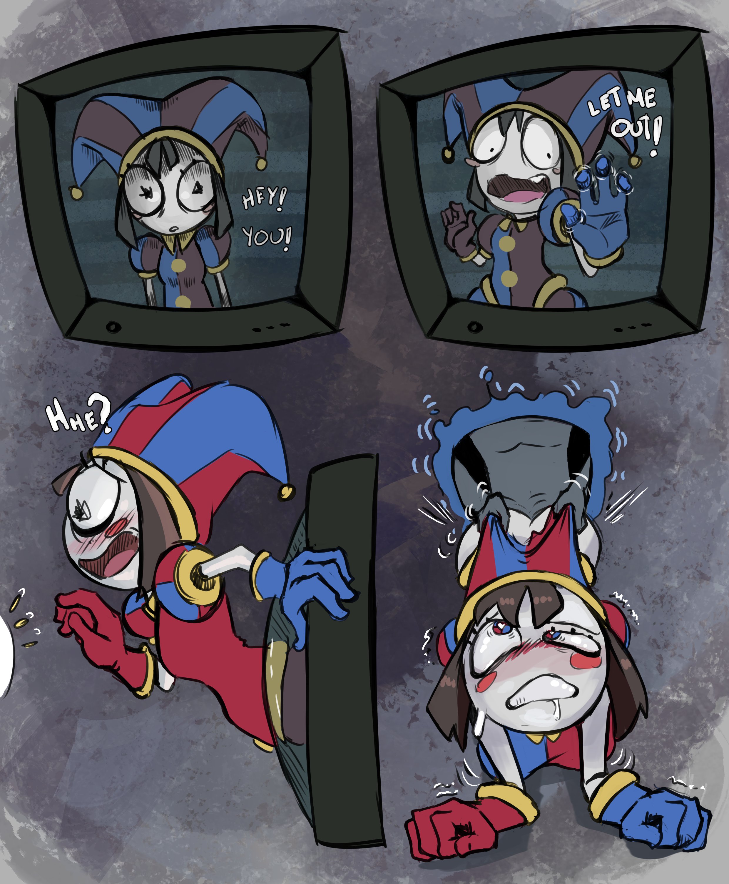 2023, 2d, 2d (artwork), 2d artwork, anon, blush, brown hair, dialogue, ecchipoo, female, glitch productions, gloves, gooseworx, holding clothes, jester, jester cap, jester costume, jester girl, jester hat, jester outfit, looking up, male, penetration, pomni (the amazing digital circus), portal sex, sex, short hair, stuck, the amazing digital circus, tv, tv screen, white body