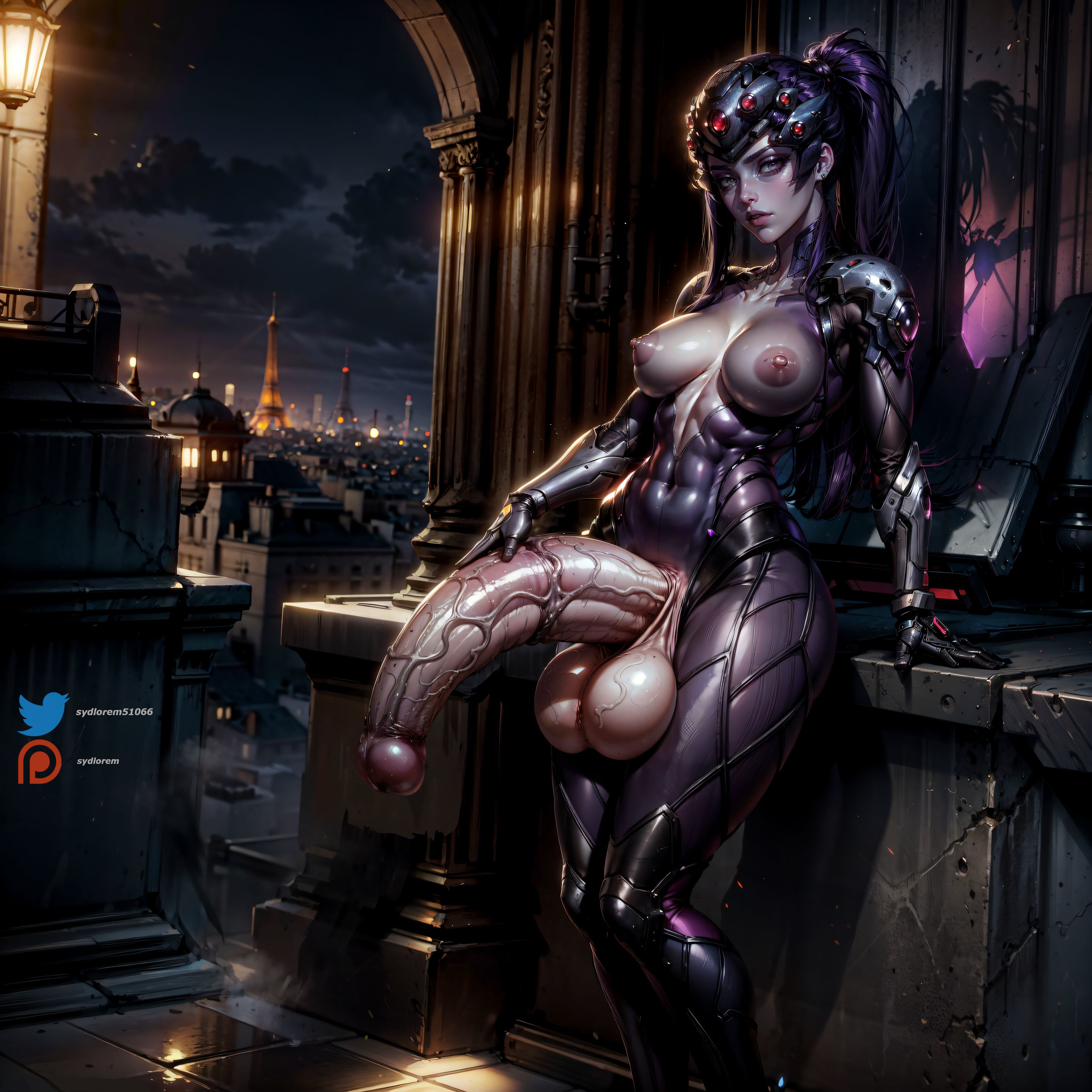 1futa, ai generated, balls, big balls, big penis, big testicles, breasts, breasts out, colored skin, dick, dickgirl, eiffel tower, flaccid, flaccid penis, futa only, futanari, helmet, highres, huge balls, huge cock, huge penis, intersex, large areolae, large balls, large breasts, large testicles, legs together, long hair, medium breasts, night, nipples, overwatch, overwatch 2, penis, penis hold, ponytail, posing, purple hair, rooftop, seductive, seductive look, self upload, small breasts, stable diffusion, suit, sydlorem, testicles, thick penis, thick thighs, tits out, uncensored, veiny balls, veiny penis, veiny testicles, widowmaker