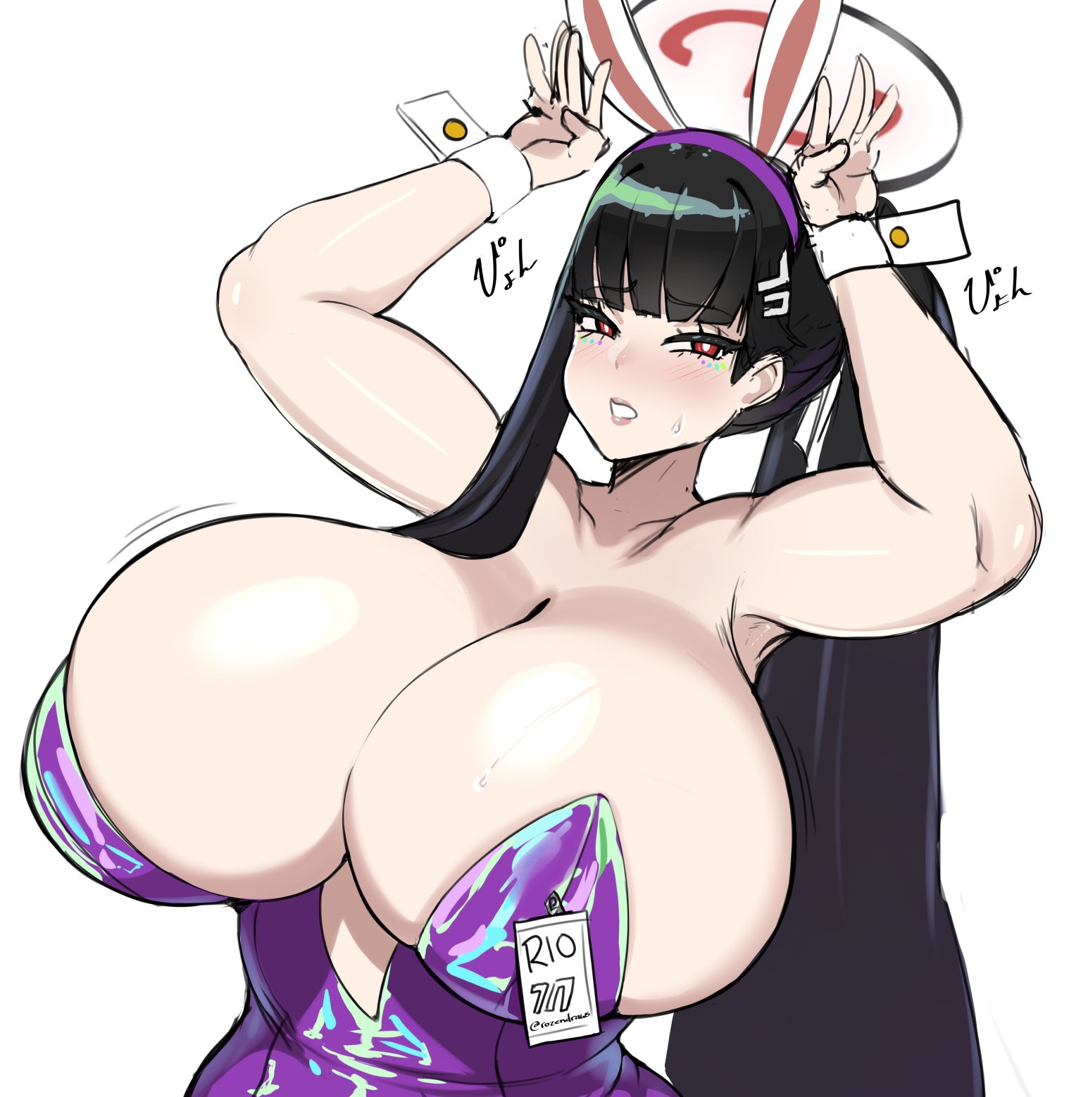 1girls, black hair, blue archive, breasts, bunny ears, bunny girl, bunnysuit, bursting breasts, cleavage, female, gaikiken, highleg leotard, huge breasts, leotard, long hair, massive breasts, millennium science school logo (blue archive), millennium science school student, red eyes, rio (blue archive), seminar (blue archive)