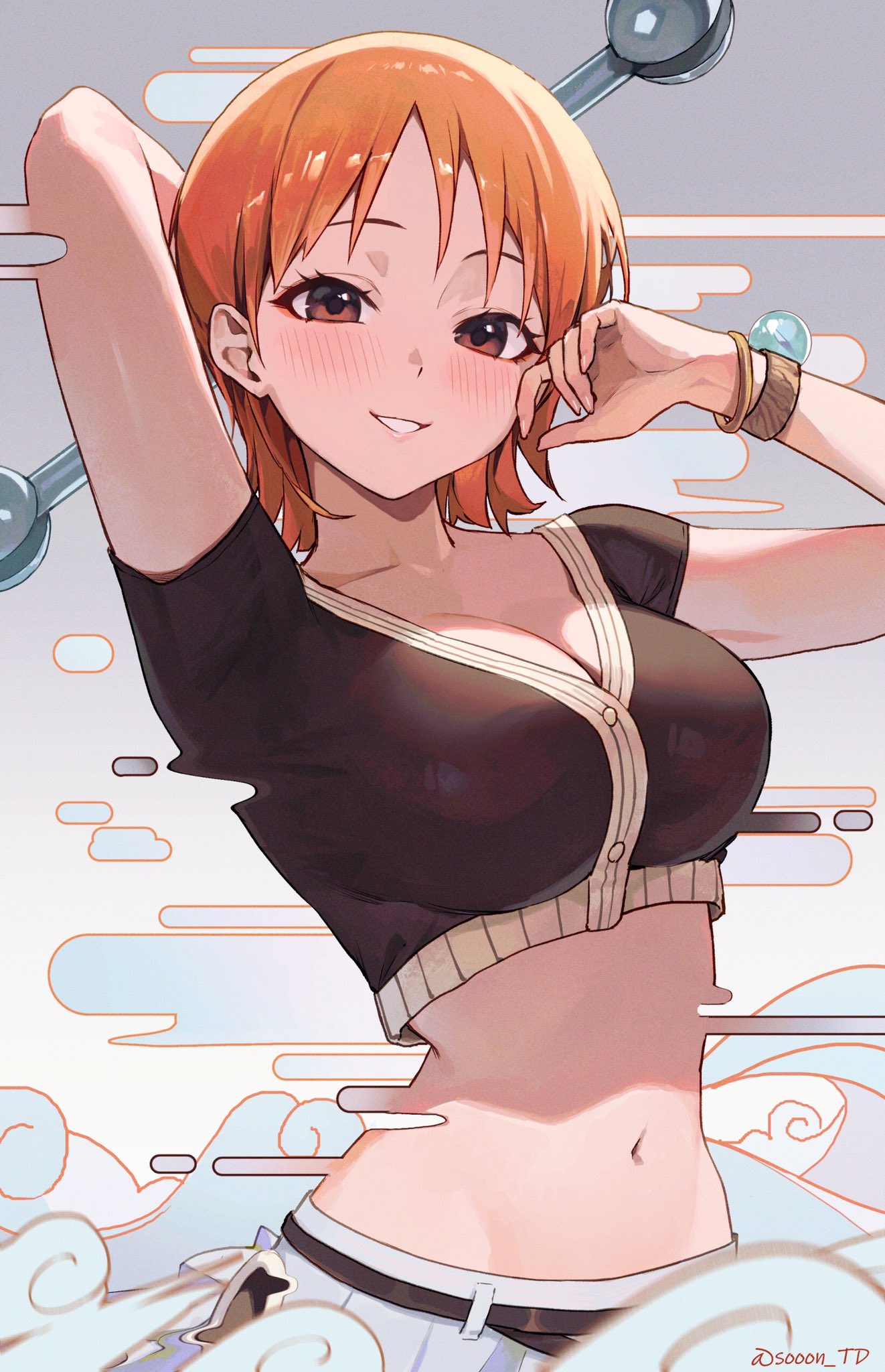 1girls, bare midriff, big breasts, blush, breasts, brown eyes, cleavage, crop top, enies lobby, female, female only, fully clothed, looking at viewer, nami (one piece), navel, official alternate costume, one piece, orange hair, orange-haired female, pre-timeskip, short hair, shounen jump, smile, solo, sooon, water 7