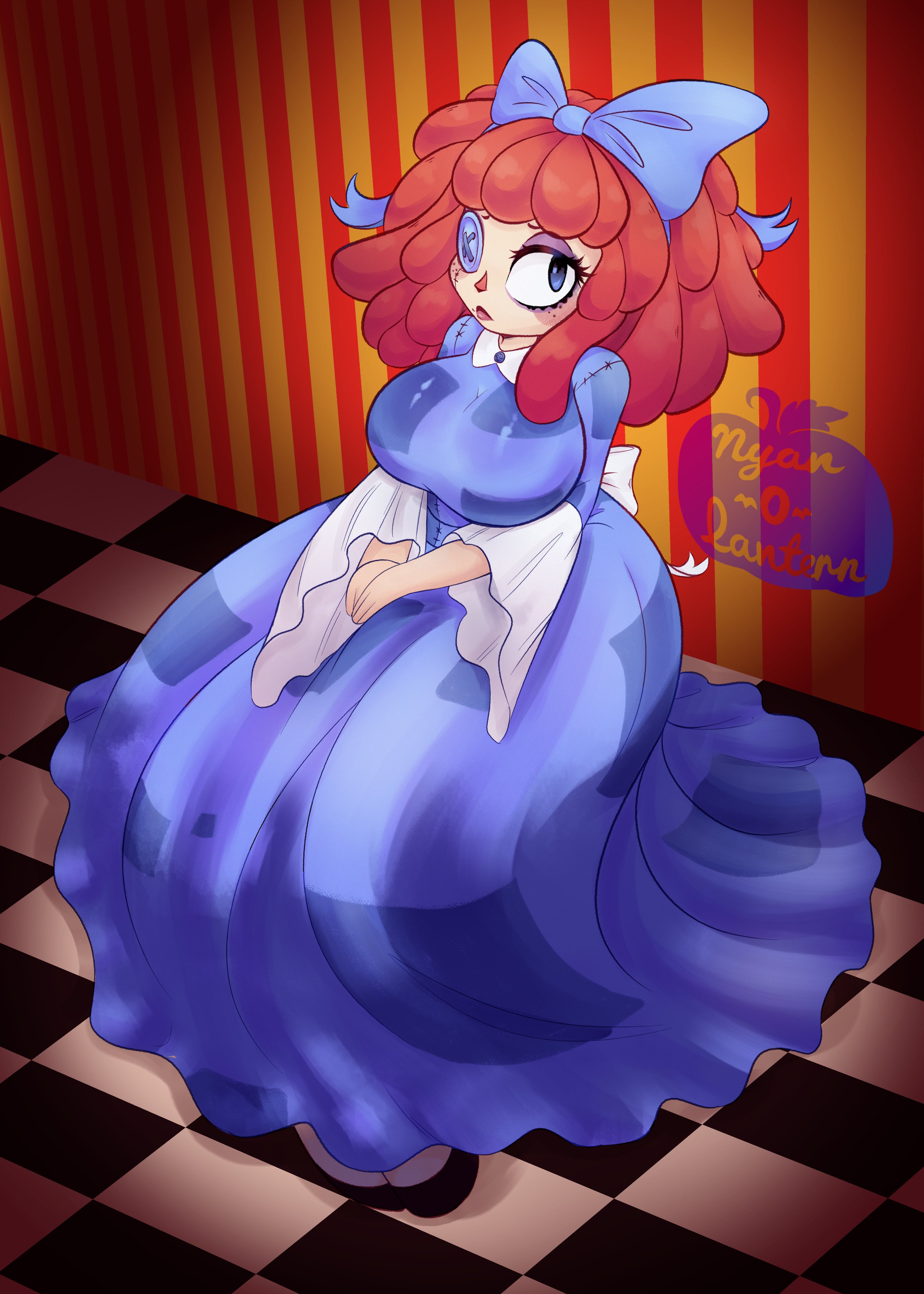 2023, 2d, 2d (artwork), 2d artwork, ass, big ass, big breasts, big thighs, bow tie, breasts, button eyes, doll, dress, female, glitch productions, gooseworx, huge breasts, looking at viewer, nyan o lantern (artist), ragatha, ragatha (the amazing digital circus), red hair, tagme, the amazing digital circus, thick thighs