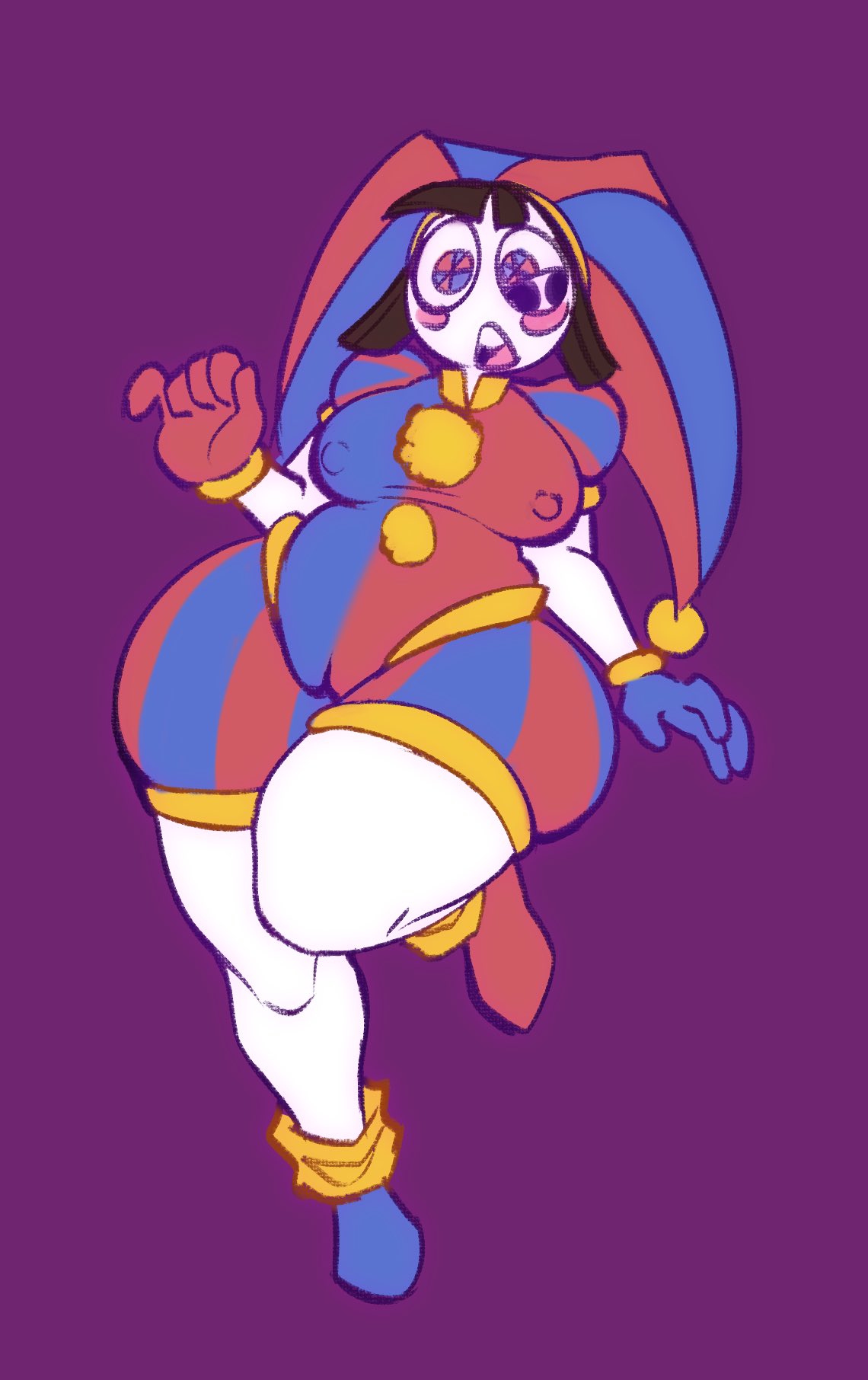2023, 2d, 2d (artwork), 2d artwork, bbw, big breasts, big thighs, breasts, brown hair, chubby female, confused look, cursedtea, fat, female, glitch productions, gloves, gooseworx, huge thighs, jester, jester costume, jester hat, jester outfit, nipples, nipples visible through clothing, pomni, pomni (the amazing digital circus), pussy, pussy visible through clothes, short hair, tagme, the amazing digital circus, thick thighs, white body