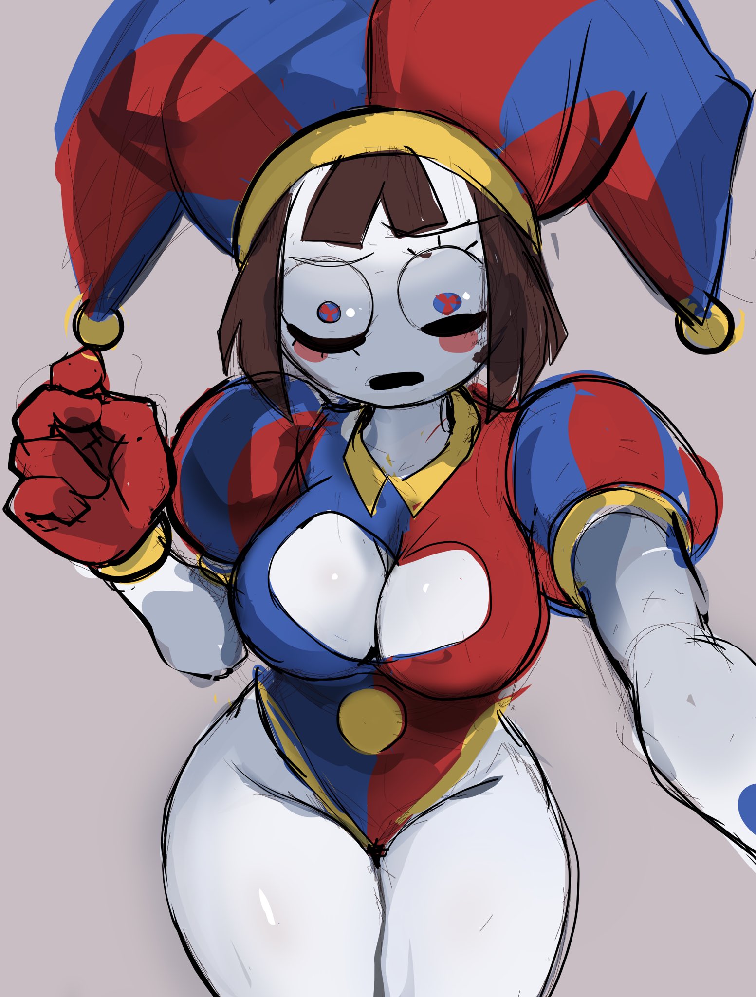 2023, 2d, 2d (artwork), 2d artwork, big breasts, big thighs, boob window, breasts, brown hair, cleavage, clothing, confused, confused look, female, glitch productions, gloves, gooseworx, jester, jester cap, jester costume, jester girl, jester hat, jester outfit, looking down, pomni (the amazing digital circus), rakeemspoon, short hair, solo, the amazing digital circus, thick thighs, white body