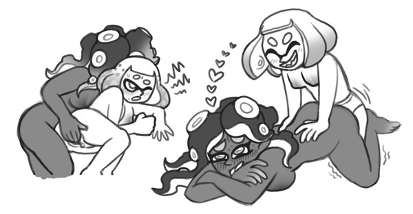 2girls ambiguous_penetration ass big_breasts big_spoon blush clitoris colored_sketch curling_toes dark-skinned_female doggy_style female_only femdom fingering fingering_from_behind fingering_partner fingering_pussy inkling itsamehornio lesbian_sex light-skinned_female marina_(splatoon) moaning monochrome octoling one_eye_closed pearl_(splatoon) small_breasts splatoon splatoon_2 spooning strap-on strap-on_sex suckers tentacle_hair vaginal_sex yuri