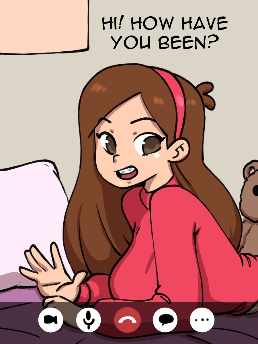 1girls before_sex braces breasts brown_eyes brown_hair clothed darkeros13 english_text female female_only gravity_falls hairband imminent_sex long_hair mabel_pines open_mouth pillow solo stuffed_animal stuffed_toy teddy_bear text thedarkeros video_call waving