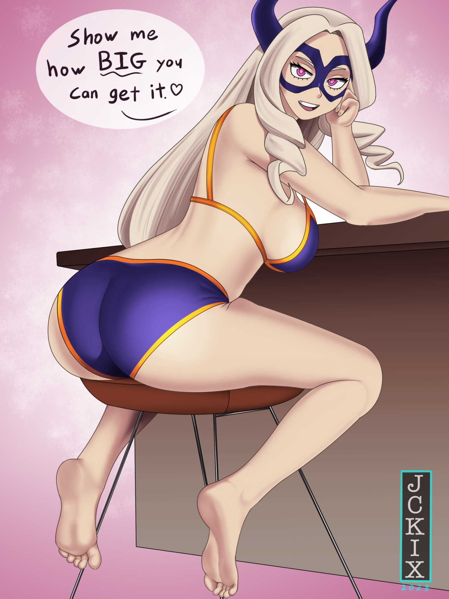 1girls, alternate version available, ass, big ass, big breasts, bikini, bikini bottom, bikini top, blonde hair, bottomwear, breasts, clothing, domino mask, english, english text, eyewear, feet, female, female only, hair, horns, huge ass, huge breasts, jckix art, long hair, looking at viewer, mount lady, my hero academia, open mouth, pink eyes, solo, solo female, speech bubble, spoken heart, superheroine, text, topwear, yuu takeyama