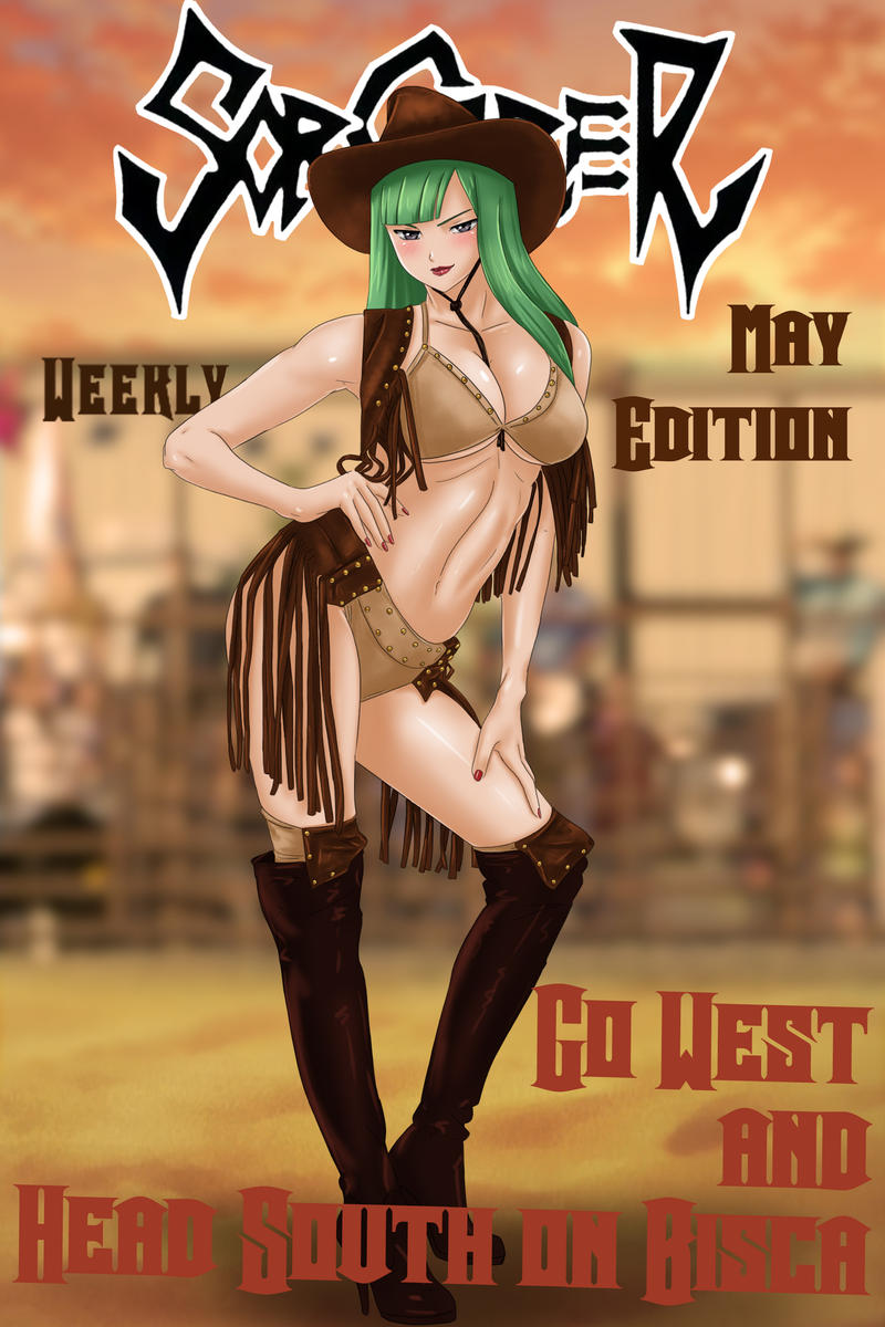 1girls amenoosa bent_knee bikini bikini_top bisca_connell blunt_bangs blurry_background boots cowboy_boots cowboy_hat english_text fairy_tail female full_body green_hair hand_on_hip high_heel_boots high_heels knee_boots lipstick long_hair looking_at_viewer magazine_cover nail_polish purple_eyes red_lipstick red_nails solo standing vest