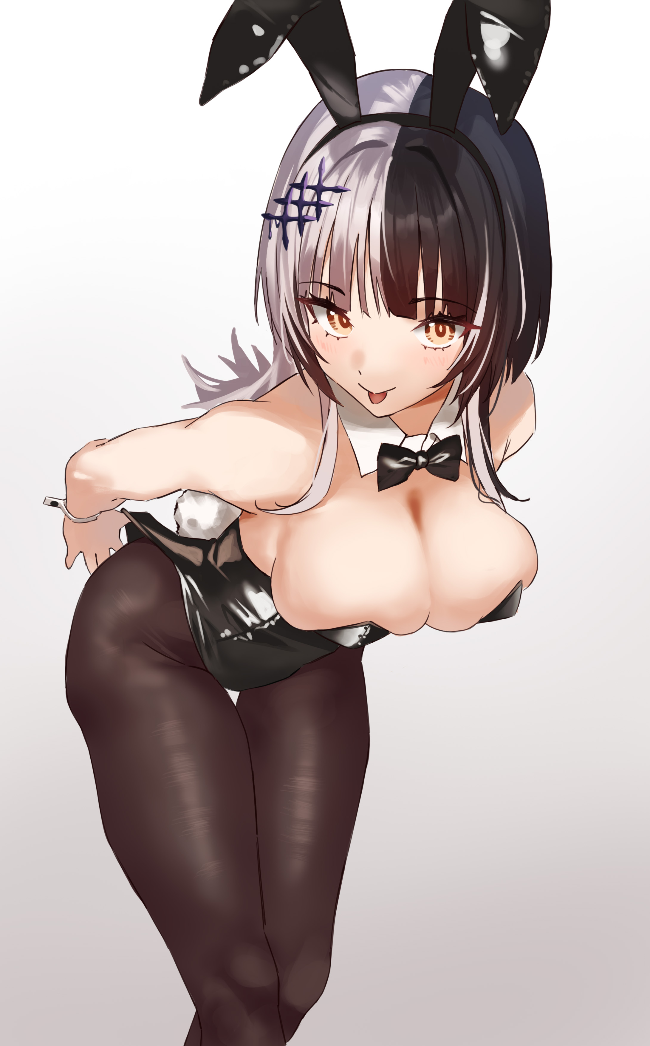 :p, absurdres, bare shoulders, black hair, bow, bowtie, breasts, brown pantyhose, bunny ears, bunnysuit, cleavage, detached collar, fake animal ears, female, grey hair, hair ornament, highres, hololive, hololive english, hololive english -advent-, large breasts, leotard, looking at viewer, multicolored hair, pantyhose, playboy bunny, shiori novella, smile, solo, split-color hair, thighs, tongue, tongue out, toska loka, two-tone hair, virtual youtuber, wrist cuffs, yellow eyes
