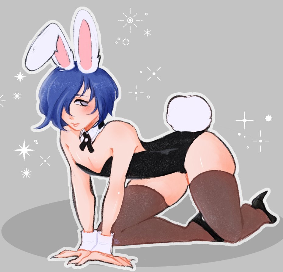 1boy absolute_territory all_fours blue_hair bunny_boy bunny_ears bunny_tail bunnysuit crossdressing femboy high_heels kiitsumiya makoto_yuki male male_only megami_tensei persona persona_3 skindentation solo solo_male stockings