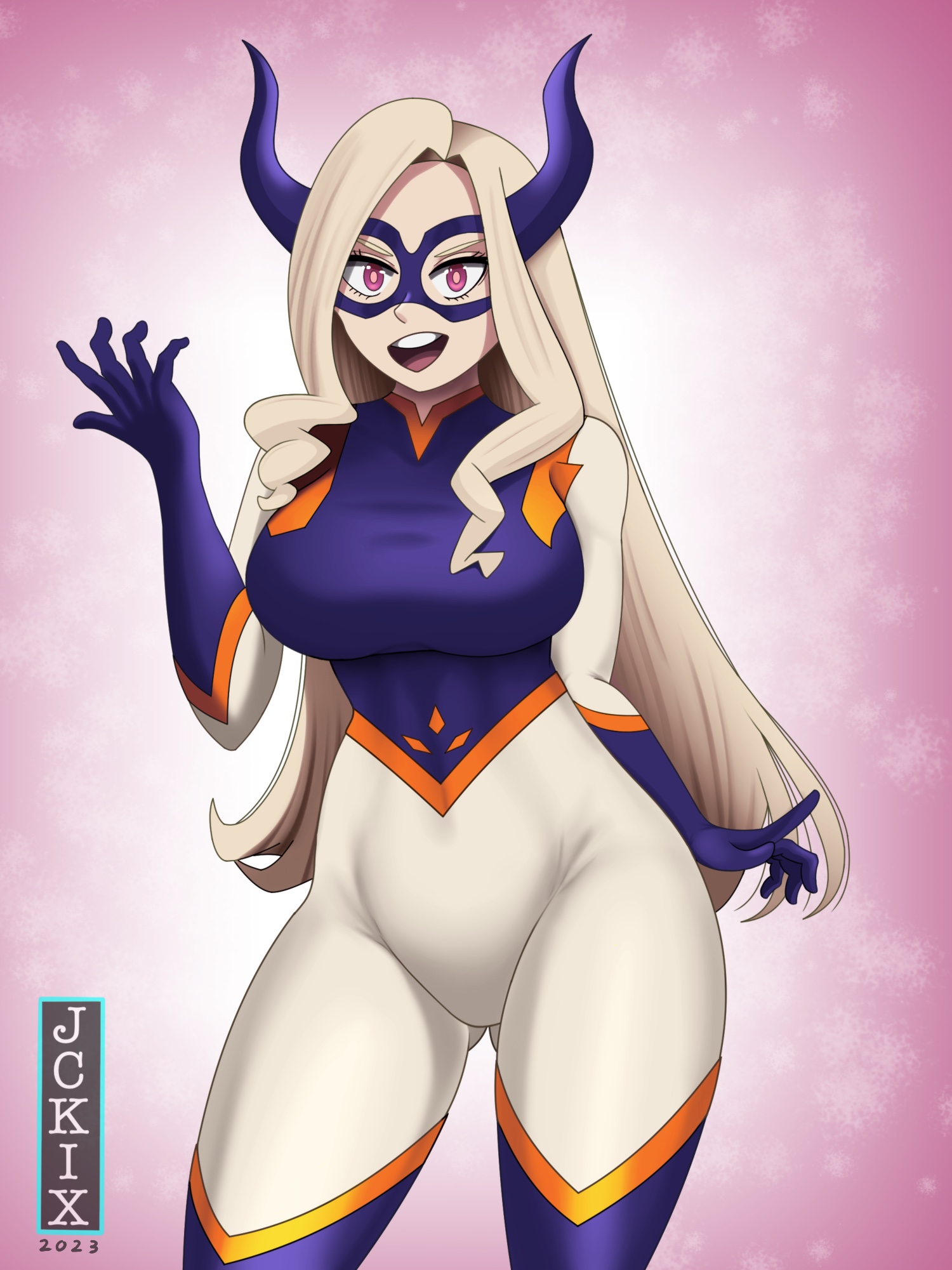 1girls, 2023, 2d, 2d (artwork), alternate version available, armwear, artist name, ass visible through thighs, big breasts, blonde hair, breasts, clothed, clothed female, clothing, costume, domino mask, drill hair, eyewear, female, female only, fully clothed, hair, heroine, hips, horns, huge breasts, human, human only, jckix art, legwear, light skin, light-skinned female, long hair, looking at viewer, mount lady, my hero academia, open mouth, pink eyes, questionable, sfw, solo, solo female, standing, superheroine, thighs, wide hips, yuu takeyama