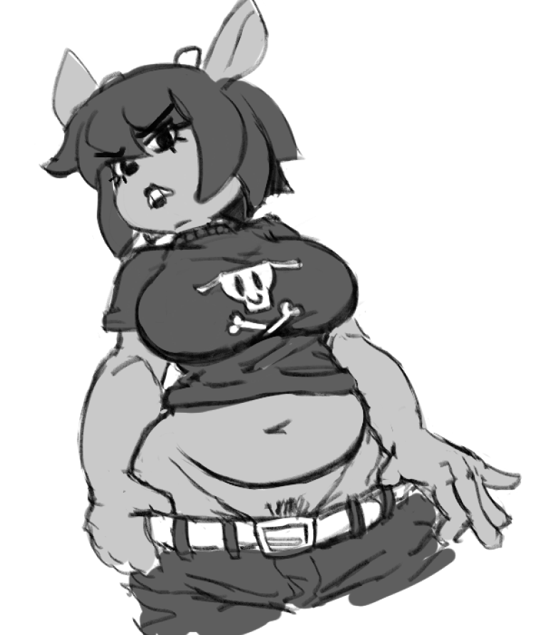 2020 angry angry_face black_and_grey black_hair black_lipstick black_shirt chubby chubby_anthro chubby_belly chubby_female clothed eyeliner goth goth_girl jeans jeans_down no_panties pants_pull parappa_the_rapper pubic_hair pubic_hair_peek rammy_lamb resentful sheep showing showing_off skull_and_crossbones skull_shirt sony_interactive_entertainment um_jammer_lammy