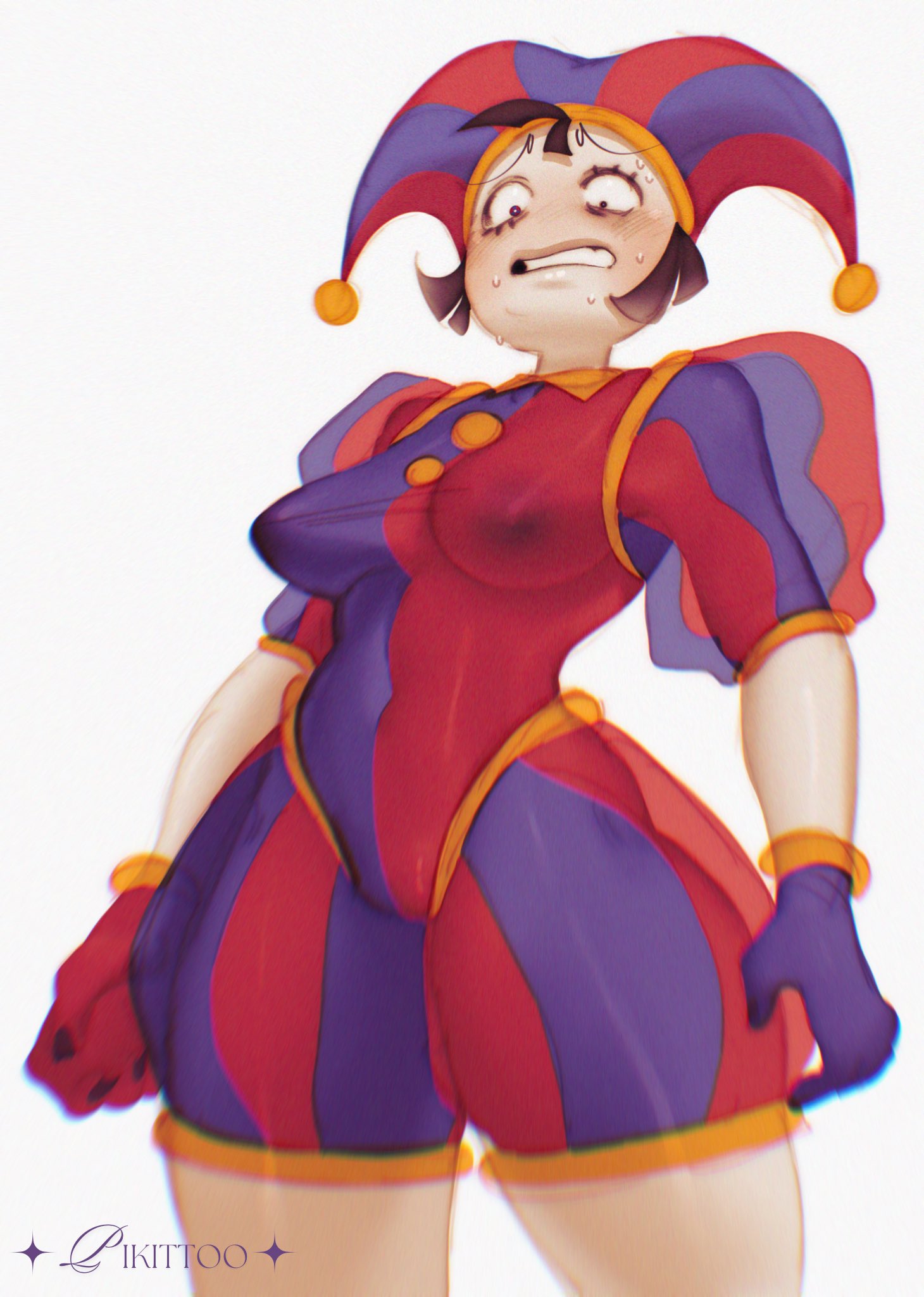 2023, 2d, 2d (artwork), 2d artwork, artist request, big thighs, breasts, brown hair, embarrassed, female, glitch productions, gloves, gooseworx, jester, jester cap, jester costume, jester girl, jester hat, jester outfit, looking down, nipples, nipples visible through clothing, pomni, pomni (the amazing digital circus), short hair, small breasts, sweat, sweatdrop, sweating, the amazing digital circus, thick thighs, white body