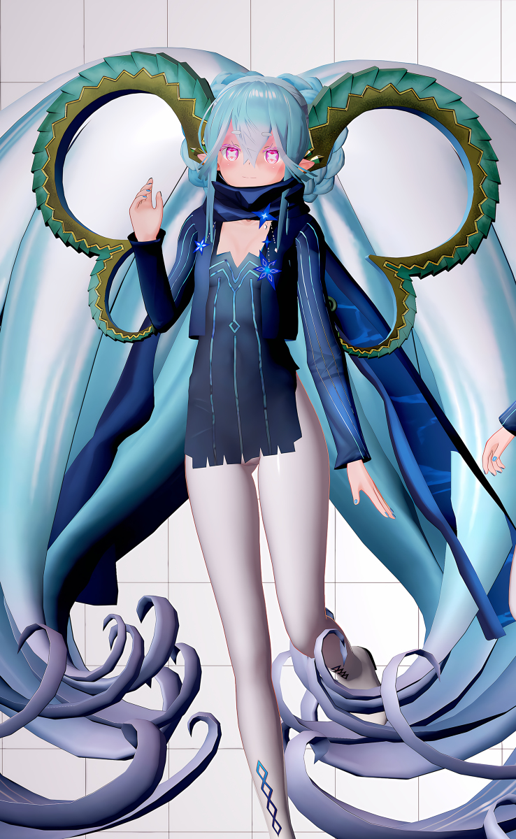 0864 1girls 3d 3d_(artwork) blue_hair closed_mouth clothed clothing fate/grand_order fate_(series) female female_focus female_only fully_clothed hair huge_hair image light_skin long_hair open_eyes pantyhose pink_eyes rosy_cheeks scarf standing tiamat_(fate) tied_hair unusual_pupils