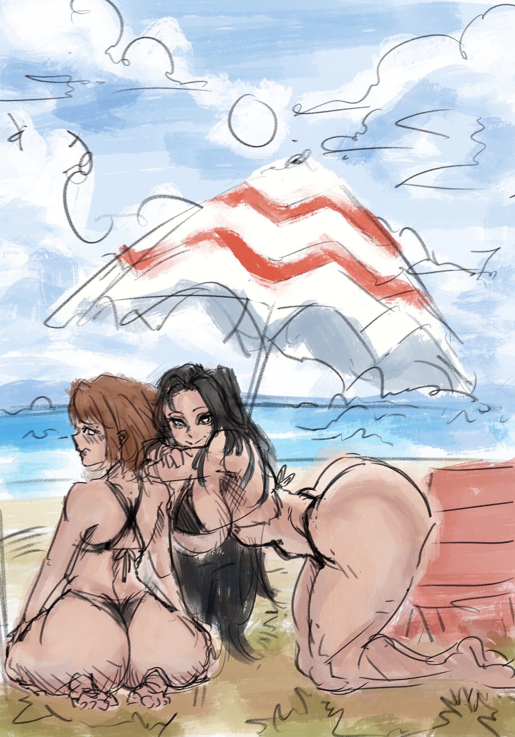 2girls, ass, beach, big ass, big breasts, bikini, bikini top, black hair, boku no hero academia, breasts, brown hair, comic page, day, female, female only, limb0 o, momo yaoyorozu, multiple females, multiple girls, my hero academia, ochako uraraka, posing, uraraka ochako