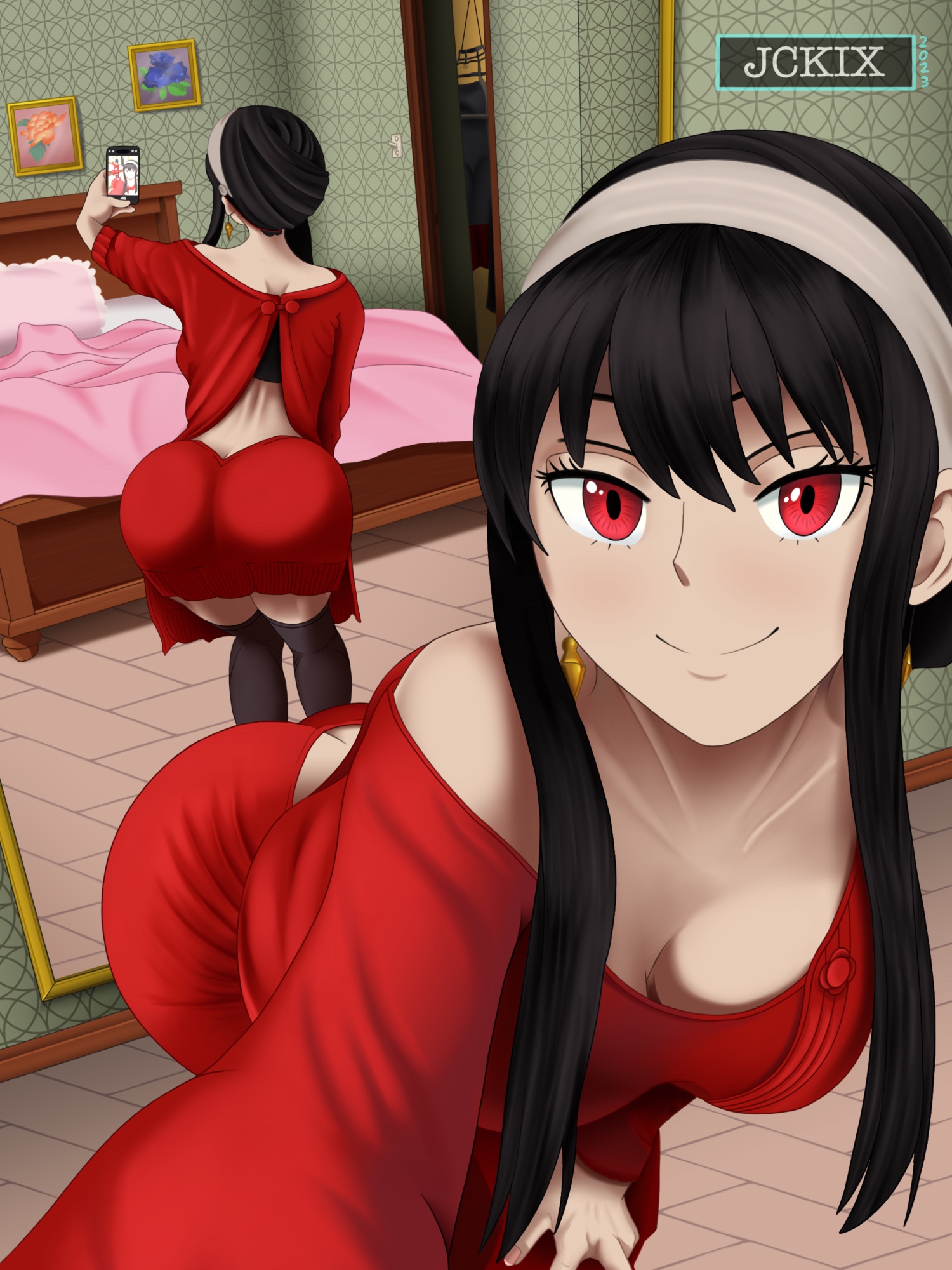 1girls, ass, ass shot, back, back view, backboob, bed, big ass, big breasts, black hair, black socks, black thighhighs, breasts, ear piercing, earrings, female, female only, huge ass, jckix art, legwear, looking at viewer, mature, mature female, mature woman, milf, mirror, mirror selfie, phone, red eyes, red sweater, selfie, smile, socks, solo, solo female, spy x family, sweater, thigh socks, thighhighs, thighs, yor briar
