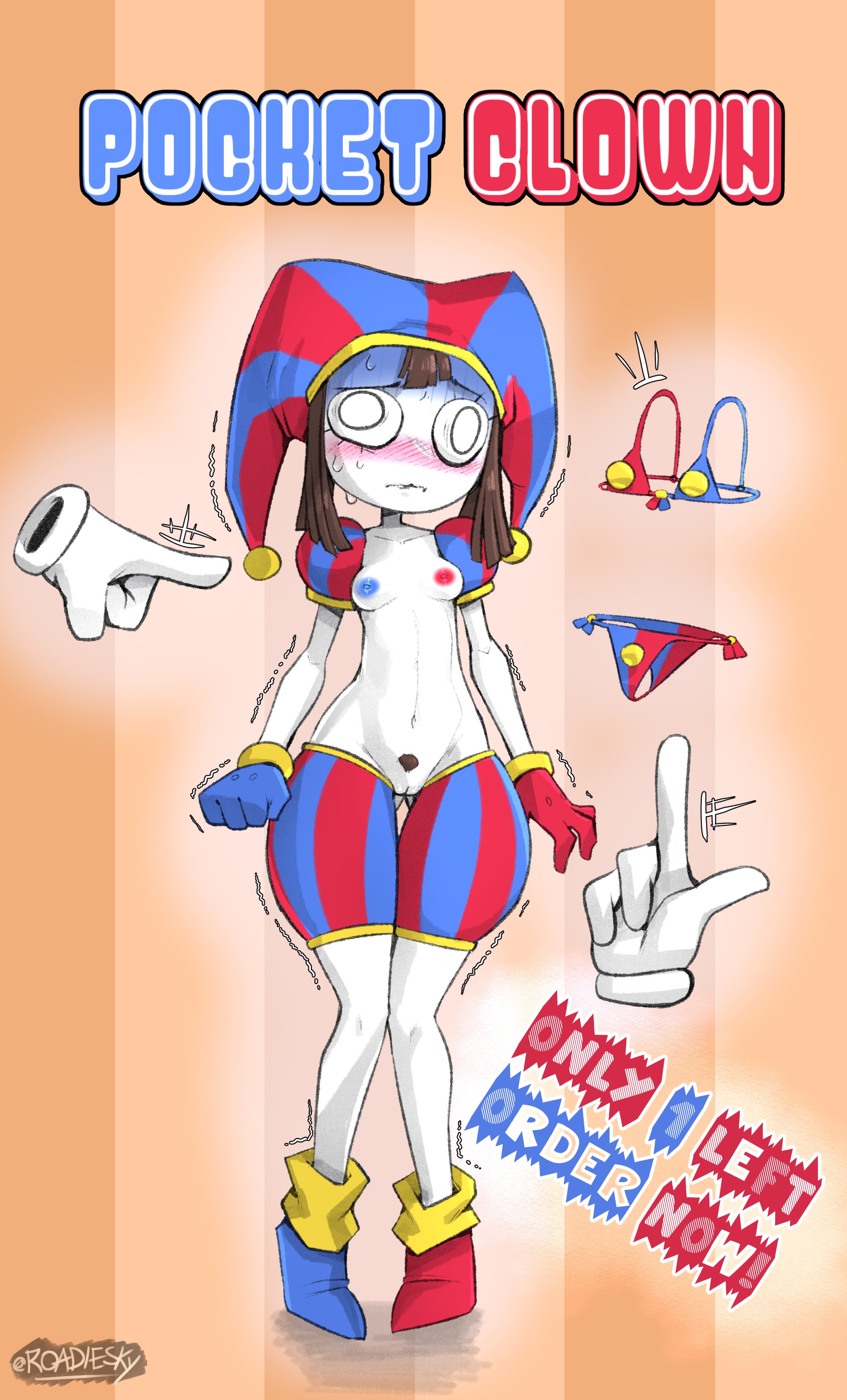 2023, 2d, 2d (artwork), 2d artwork, blush, breasts, brown hair, confused, female, female only, glitch productions, gloves, gooseworx, jester, jester cap, jester costume, jester girl, jester hat, jester outfit, pomni (the amazing digital circus), pussy, roadiesky, short hair, small breasts, sweat, sweatdrop, sweating, the amazing digital circus, thighs, white body