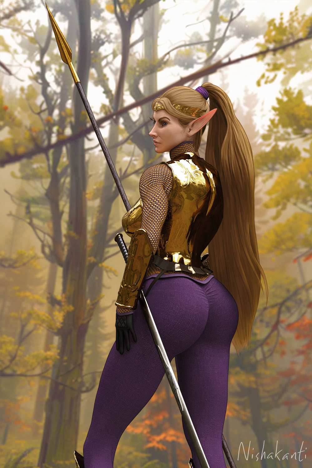 1girls armor ass big_ass big_butt blonde_hair circlet elf elf_ears eyelashes gloves nishakanti original ponytail purple_eyes self_upload spear sword tight_pants