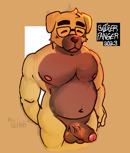 1boy 2023 aggressive_retsuko aggretsuko canid canine canis dokachin domestic_dog eyewear foreskin genitals glasses half-erect male male/male male_only mammal musclegut nipples nude penis sanrio scratching_butt solo solo_male swiperfanger thick_penis