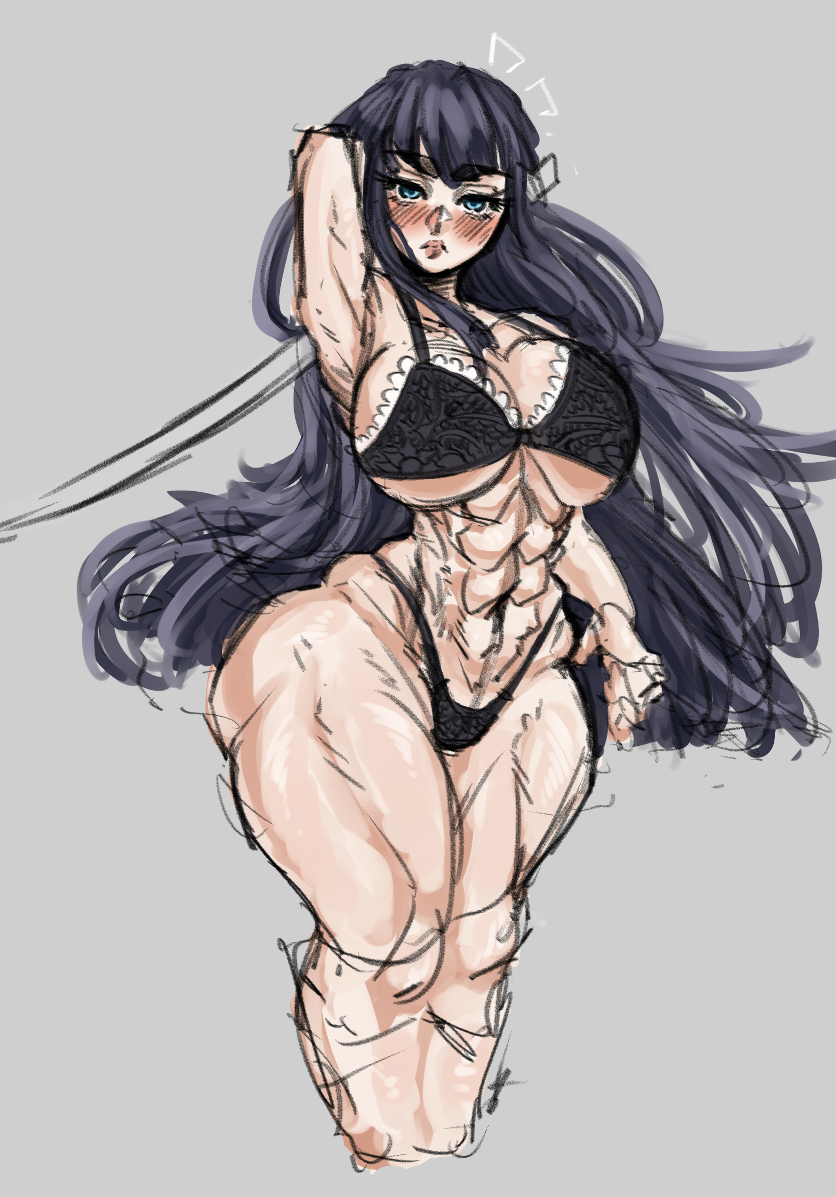1girls, abs, ass, bangs, biceps, black hair, blue eyes, breasts, color, difference, disgusted, female, female focus, female only, junketsu, kill la kill, kiryuuin satsuki, limb0 o, lingerie, muscles, muscular, muscular arms, muscular thighs, nipple slip, pale skin, stockings, sword, thick thighs, toned