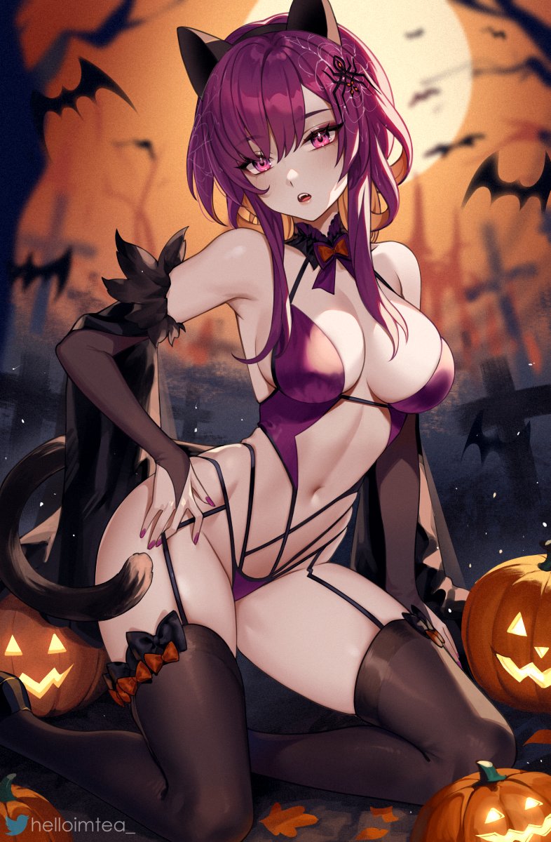 1girls arm_support artist_name bat bats cat_ears cat_tail collar detached_sleeves garter_straps graveyard halloween helloimtea honkai:_star_rail kafka_(honkai:_star_rail) kneeling large_breasts legwear looking_at_viewer nail_polish open_mouth painted_nails pumpkin purple_nails revealing_clothes thick_thighs tombstone twitter_logo twitter_username wide_hips