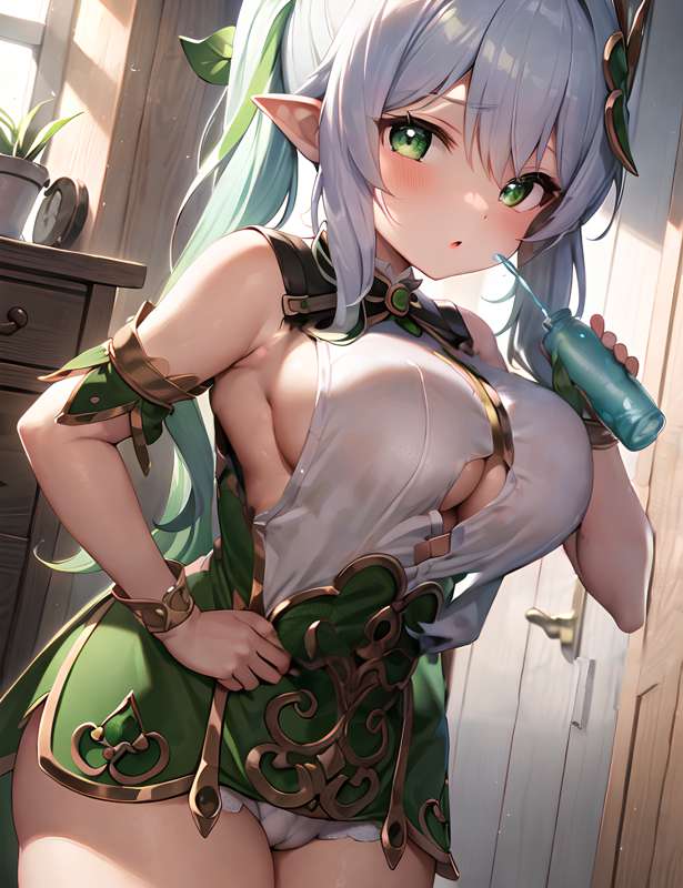 ai generated, big breasts, breast expansion, breast growth, breast growth (enlargement), breasts, clothing, drinking glass, female, genshin impact, green eyes, nahida (genshin impact), stable diffusion, white hair