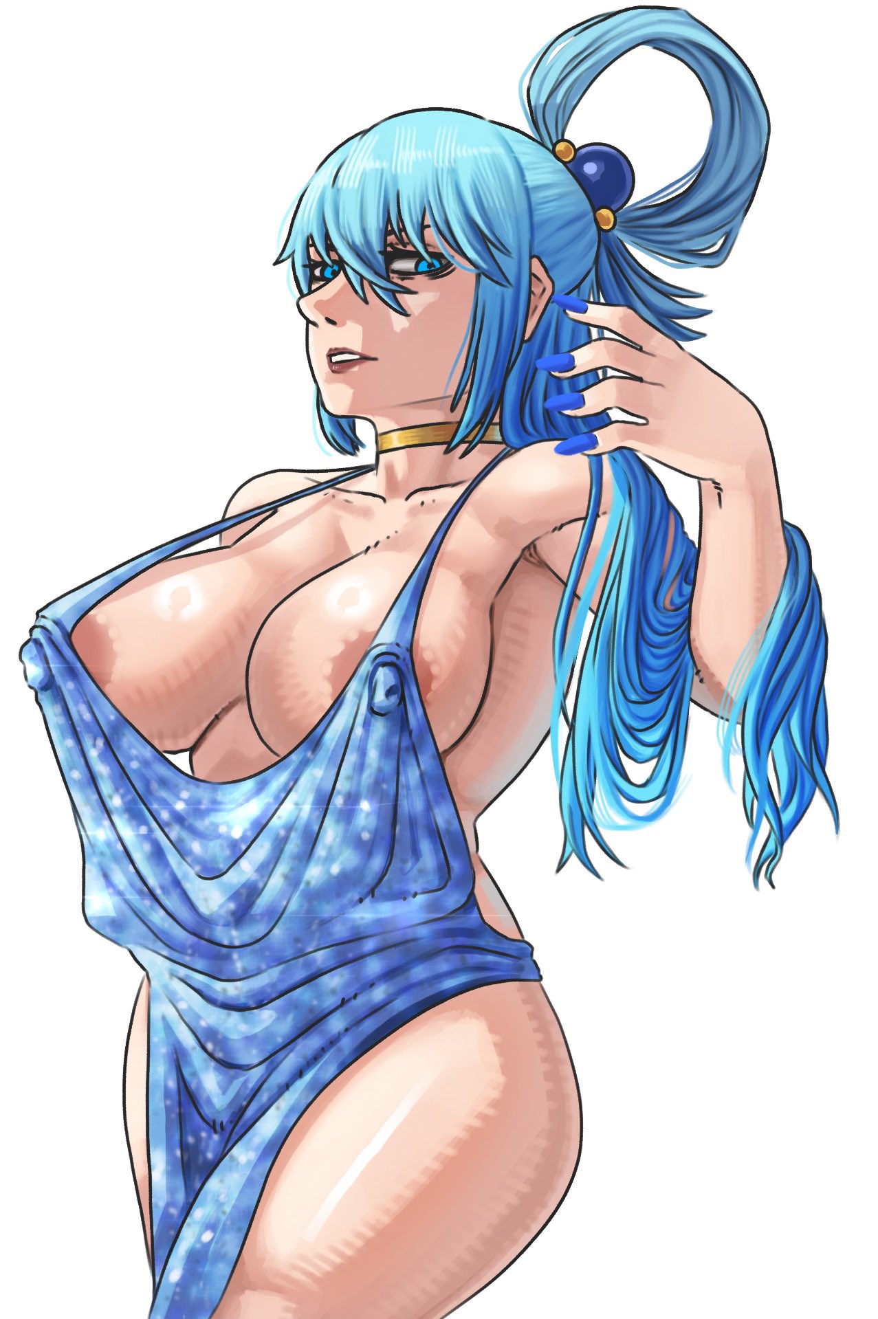 1girls, aqua (konosuba), areola, areolae, big breasts, blue dress, blue eyes, blue hair, breasts, choker, dress, female, female only, fingernails, incinerated art, kono subarashii sekai ni shukufuku wo!, long hair, looking at viewer, loose clothes, solo