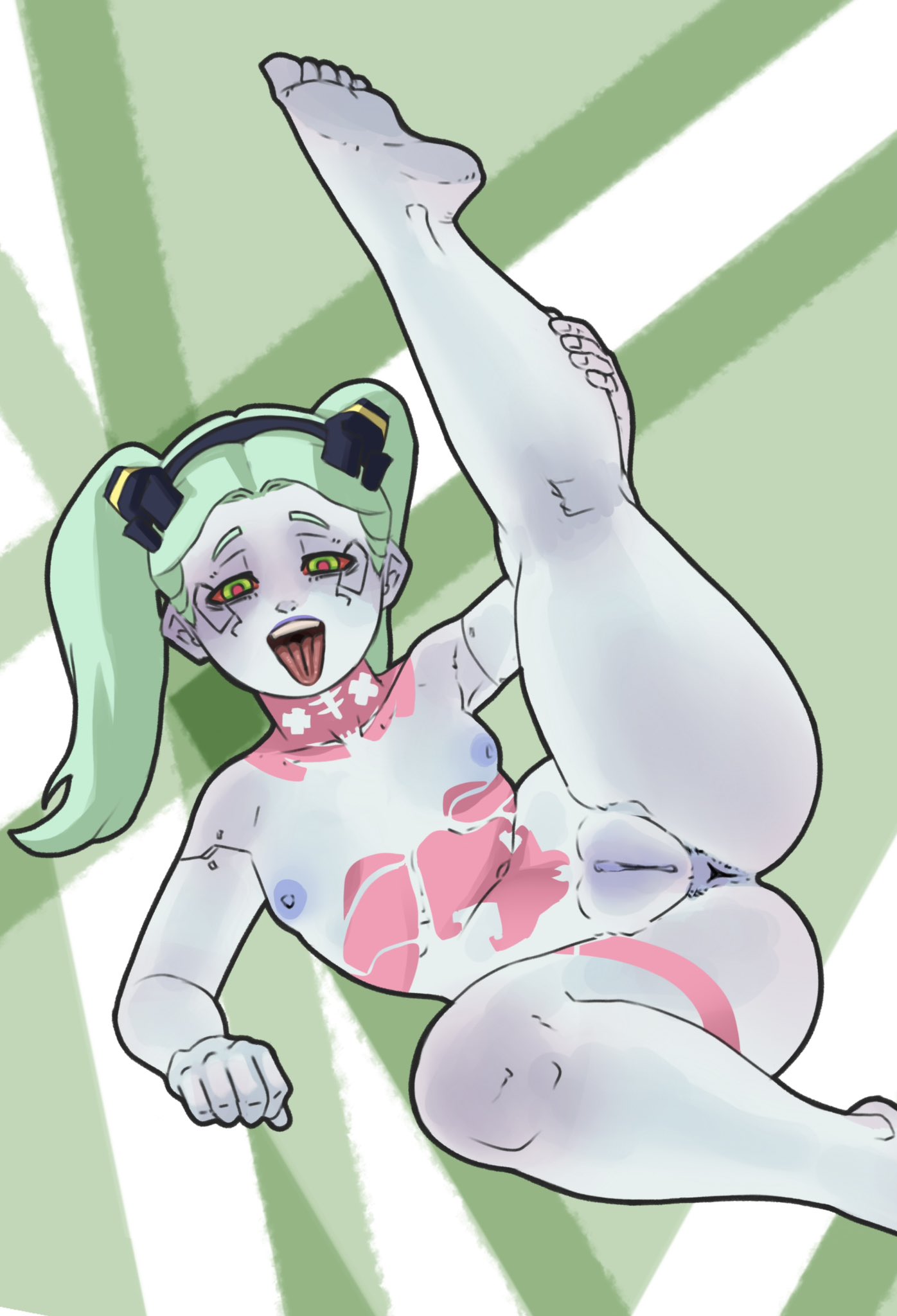 anus, ass, asshole, cyberpunk 2077, cyberpunk: edgerunners, female, incinerated art, leg grab, leg up, legs apart, no artist signature, plump labia, pussy, rebecca (edgerunners), small ears, small eyebrows, small nose, tattoo, tongue, tongue out, twintails
