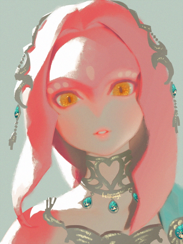 artist_name bellhenge breath_of_the_wild bright_pupils colored_skin female fish_girl jewelry looking_at_viewer mipha open_mouth red_skin simple_background solo the_legend_of_zelda the_legend_of_zelda:_breath_of_the_wild upper_body white_pupils yellow_eyes zora