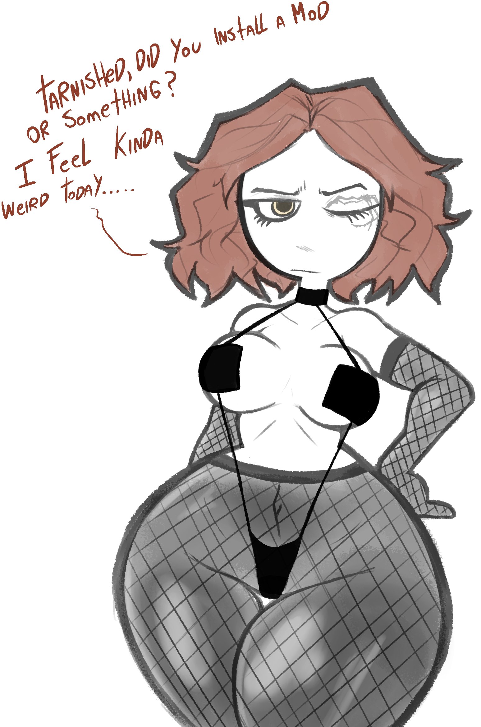 2d, bikini, clothing, cumlord, cumlord (artist), dialogue, elden ring, female, fishnets, fromsoftware, human, just coffee, melina (elden ring), pale skin, solo, talking to viewer