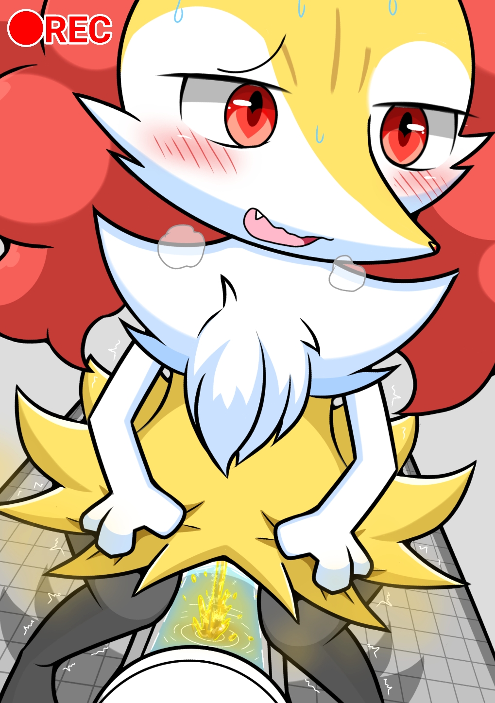 <3_eyes anthro bathroom blush bodily_fluids braixen breath camera_hud dutch_angle female fur generation_6_pokemon genital_fluids heart hi_res high-angle_view knock-kneed nintendo omorashi open_mouth peeing pokemon pokemon_(species) queen_kemono red_eyes relieved shaking shaking_legs solo squat_toilet steam sweat toilet trembling urine urine_stream watersports yellow_body yellow_fur