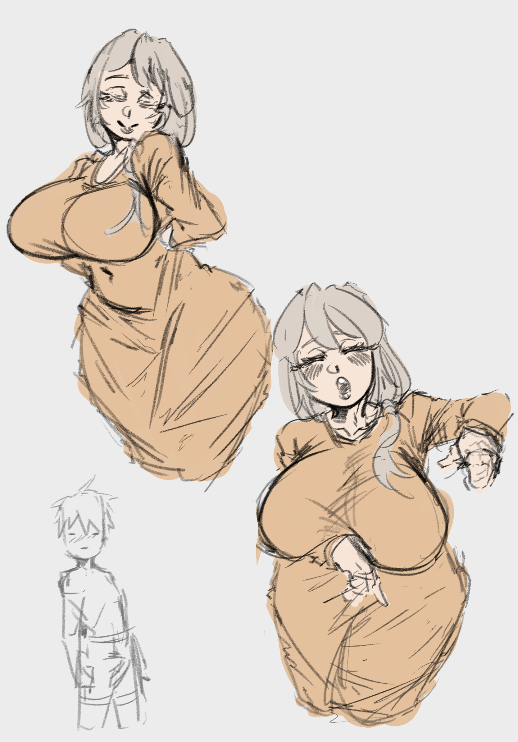1boy, 1girls, big breasts, breasts, closed eyes, color, difference, different poses, dress, female, limb0 o, male, milf, mother, uzaki tsuki, uzaki-chan wa asobitai!