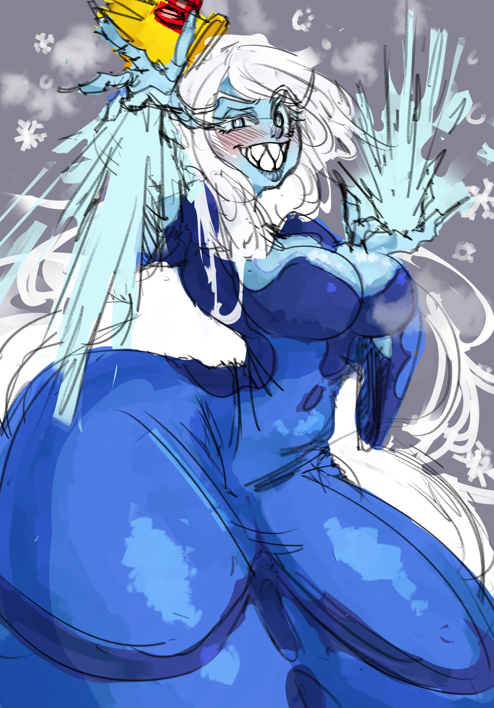 1girls, adventure time, ass, big ass, big breasts, blue eyes, bottom heavy, breasts, color, dress, female, female only, fionna and cake, happy, ice queen (adventure time), limb0 o, white hair