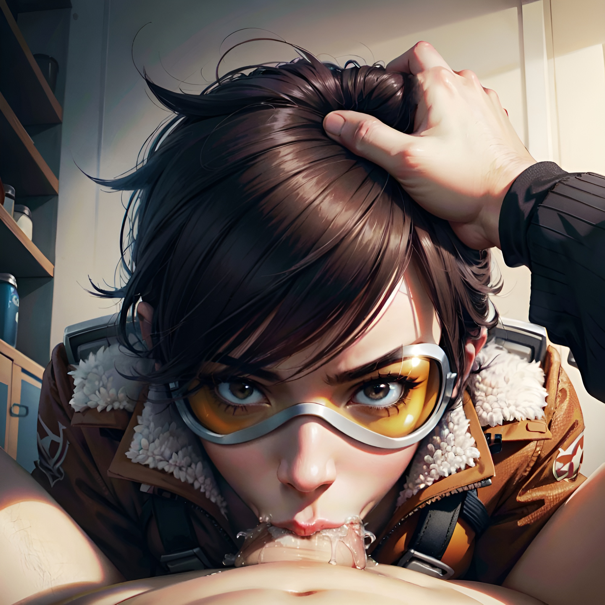 :>=, 1girls, ai generated, blizzard entertainment, blowjob, bomber jacket, brown hair, cum, cum in mouth, deepthroat, eye contact, fellatio, female, female focus, goggles, hand on head, hi res, looking at viewer, male, oral, oral creampie, overwatch, overwatch 2, penis, penis in mouth, pov, short hair, stable diffusion, tracer