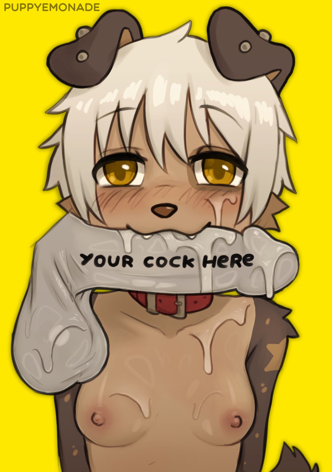 areolae blush breasts brown_fur canine collar color colored ear_piercing female furry happy looking_at_viewer nude oral parche_(puppyemonade) penis puppyemonade saliva simple_background teeth text