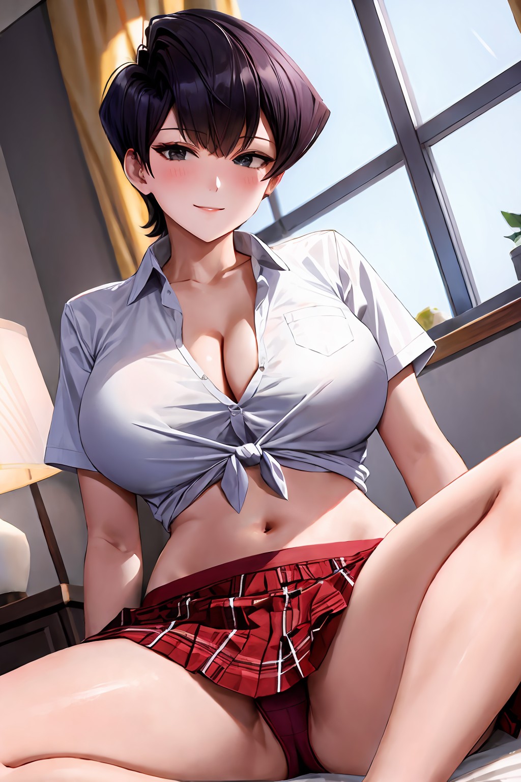1girls, ai generated, black hair, breasts, cleavage, female, flyingpancake, huge breasts, indoors, komi shuuko, komi-san wa komyushou desu, large breasts, light skin, light-skinned female, mature female, milf, mother, school uniform, schoolgirl, short hair, short skirt, skirt, stable diffusion