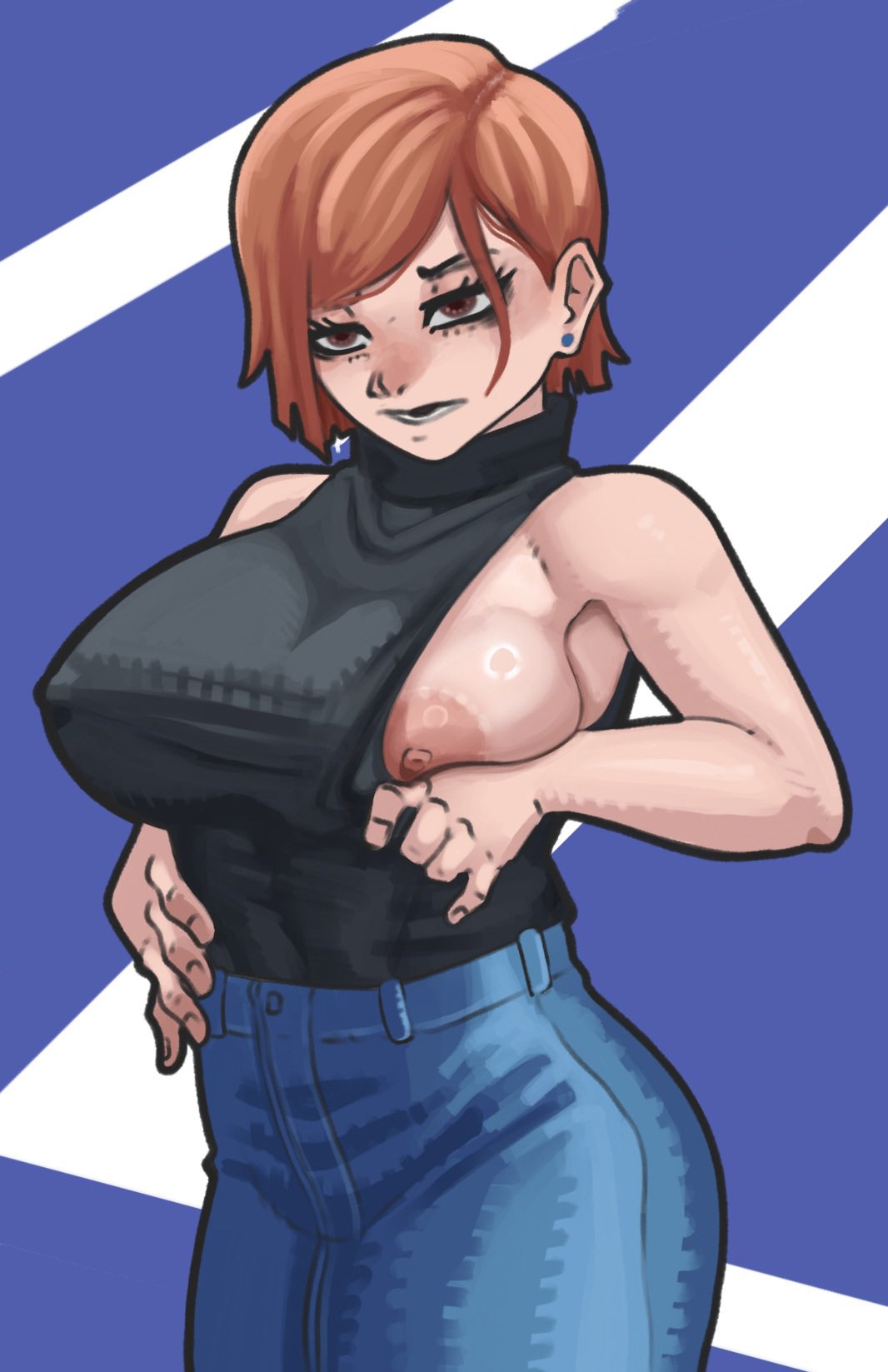 1girls areola areola_slip areolae areolae_slip bare_shoulders big_breasts brown_eyes brown_hair female incinerated_art jujutsu_kaisen kugisaki_nobara nipple_bulge nipple_slip nipples short_hair sideboob squished_breasts tight_clothing turtleneck