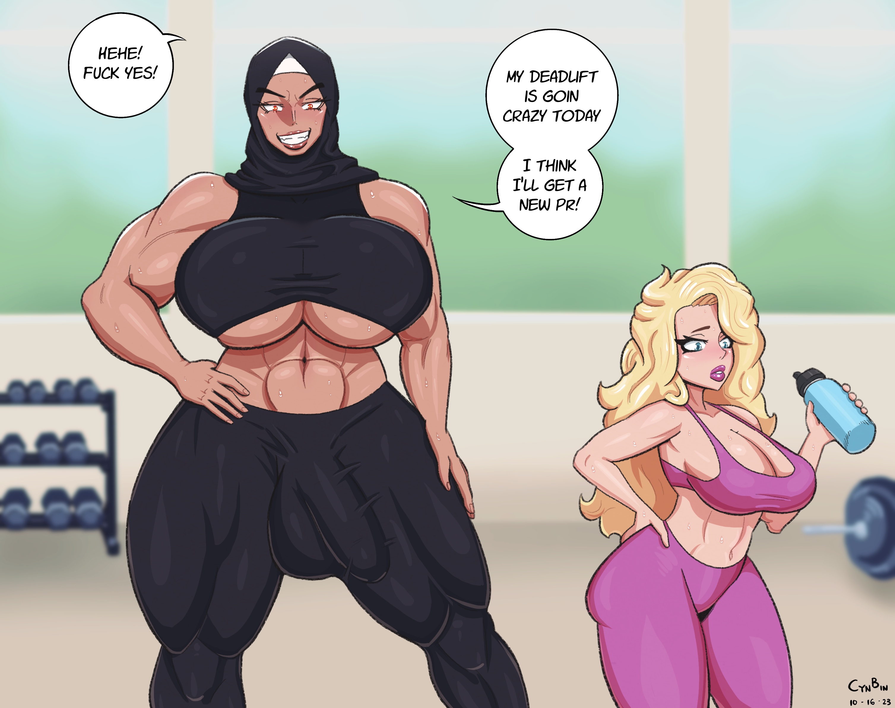 1futa, 1girls, 2023, abs, balls, big breasts, big dom small sub, bimbo, blonde hair, breasts, bulge, cleavage, clothed, clothing, cynbin, dark skin, dark-skinned futa, dialogue, duo, english text, female, fully clothed, futanari, gym, hijab, human, interracial, intersex, larger futa, light skin, light-skinned female, long hair, lucie (cynbin), muscles, muscular, muscular female, muscular futa, muslim, muslim futa, penis, size difference, smaller female, smiling, sports bra, standing, sweat, sweatdrop, sweating, text, thick thighs, tight clothing, wide hips, yoga pants, zahira (cynbin)