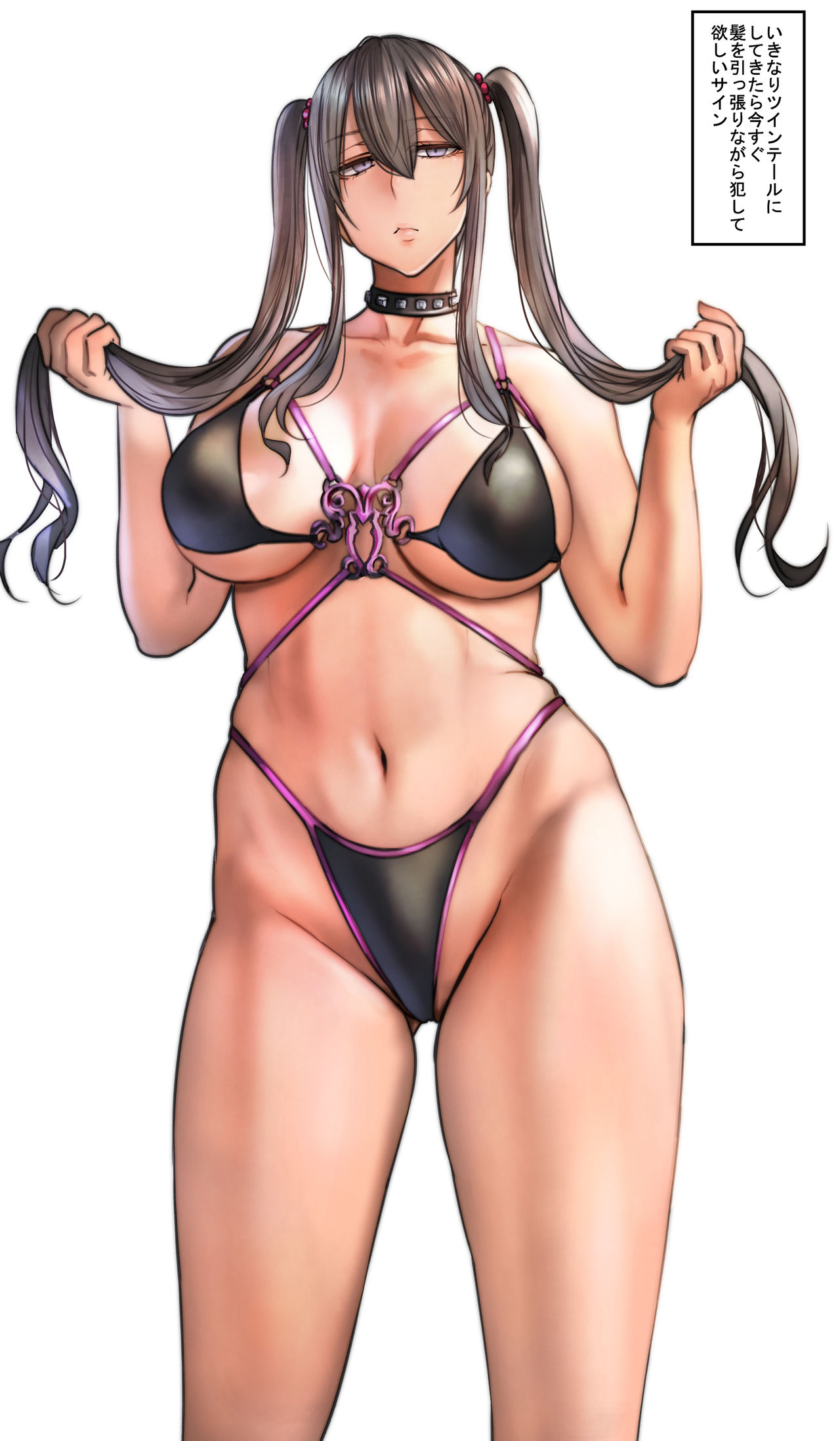 1girls, 2020, absurd res, ass visible through thighs, bikini, black bikini, black hair, breasts, choker, cleavage, expressionless, expressionless wife (pepe (jonasan)), eyebrows visible through hair, female, female only, hair between eyes, hair grab, highleg, highleg bikini, highres, holding hair, inviting, japanese text, large breasts, long hair, long twintails, looking at viewer, mature female, original, pepe (jonasan), purple eyes, simple background, solo, standing, studded choker, swimsuit, text, text box, thick thighs, thighs, thong, thong bikini, tied hair, translated, twintails, very long hair, white background